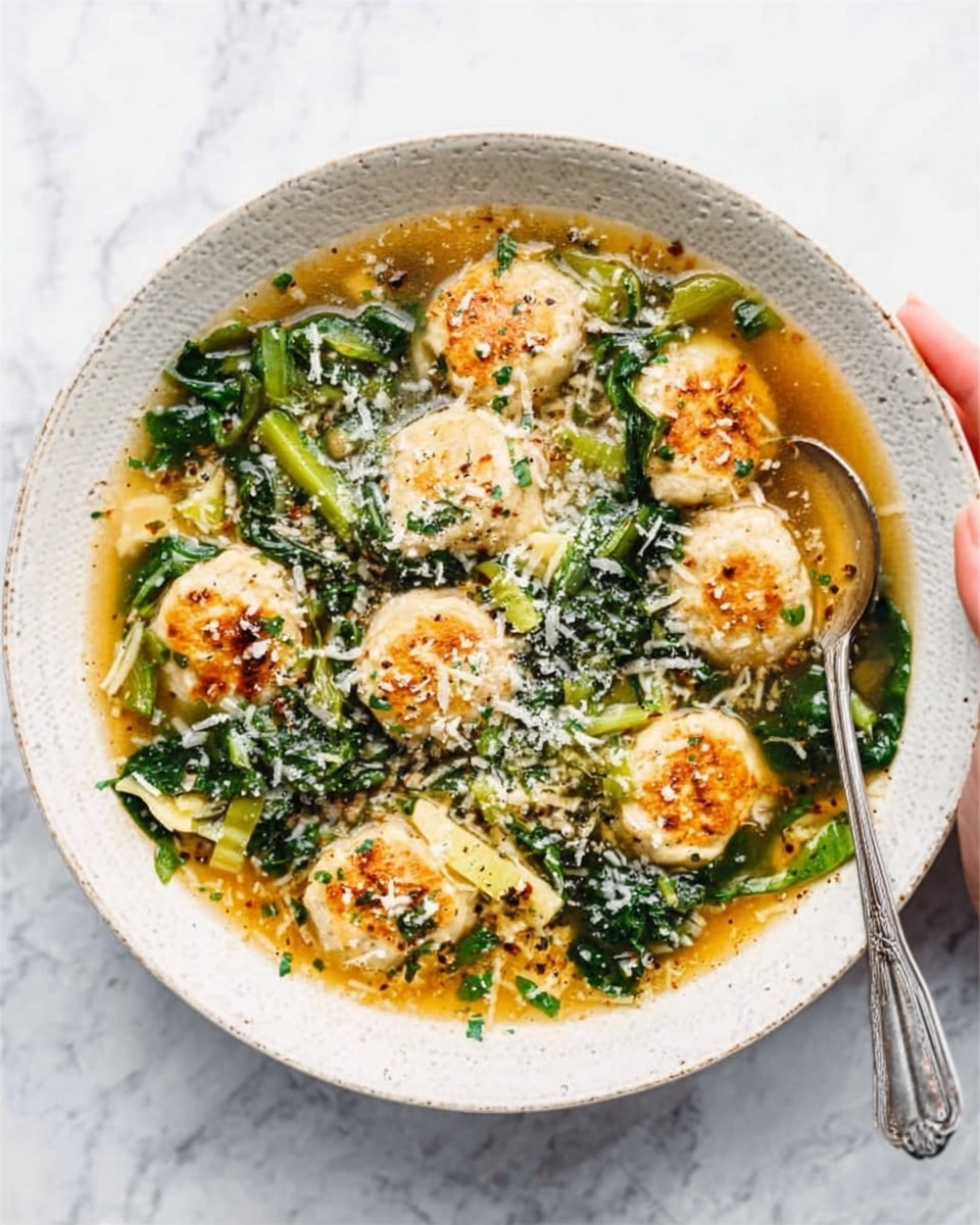 A white bowl filled with a broth soup that has a golden color. Inside the soup, there are several light brown round dumplings floating on top. Bright green leafy vegetables are spread around the dumplings throughout the soup. The surface of the soup is sprinkled with white grated cheese. A silver spoon is partially placed inside the bowl, and a woman's hand is visible holding the bowl. The bowl is set on a white marbled surface. photo taken with an iphone --ar 4:5 --v 7