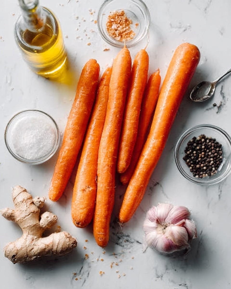 The image shows seven bright orange carrots laying on a white marbled surface. Around them, there are small glass containers holding a creamy white liquid, light brown coarse salt, and tiny black and white peppercorns. To the side, there is a cluster of light brown fresh ginger, a whole garlic bulb with soft pink skin, and a small silver spoon filled with dark honey. In the top left corner, there is a clear glass bottle with yellow olive oil inside. The whole scene is clean and bright with natural light. Photo taken with an iphone --ar 4:5 --v 7