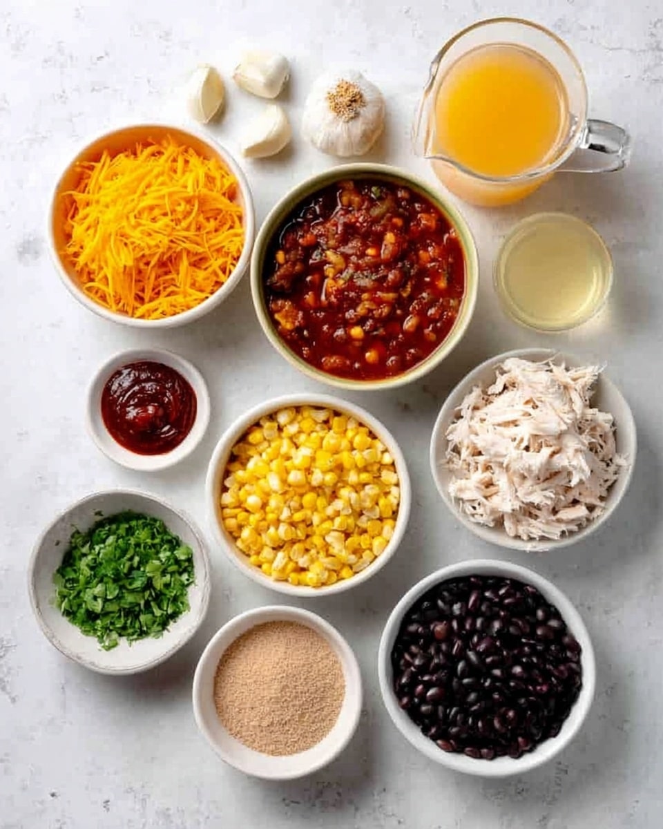The image shows several white bowls and a white jug on a white marbled surface, each holding different food items. Starting from the top left, one bowl contains bright orange shredded cheese with a soft texture. To its right, there is a bowl filled with thick, dark red chili with visible chunks and a rich texture. Next to the bowl on the right is a clear white jug holding a light orange liquid, likely juice. Below the top left bowl, there is a small bowl of green chopped herbs with fine texture. Nearby, two cloves of garlic with pale skin and a small bowl with thick, dark red paste are placed. In the middle row, there are three white bowls: one with yellow corn kernels, another with finely chopped white onions, and one with shredded white chicken pieces showing fibrous texture. At the bottom left, there is a small mound of light brown powder, and on the bottom right, a white bowl holds black beans. The arrangement is evenly spaced and visually balanced. photo taken with an iphone --ar 4:5 --v 7
