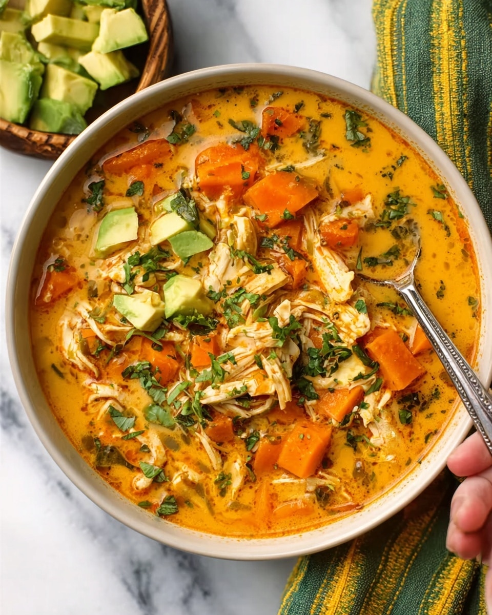A white bowl filled with a creamy orange soup with visible chunks of shredded chicken and slices of orange sweet potatoes or carrots floating in the broth. The soup is topped with fresh green chopped herbs and small pieces of avocado. A silver spoon rests inside the bowl, with a woman's hand holding the spoon on the right side. The bowl is placed on a white marbled surface with a green and yellow striped cloth partially visible on the side. Photo taken with an iphone --ar 4:5 --v 7