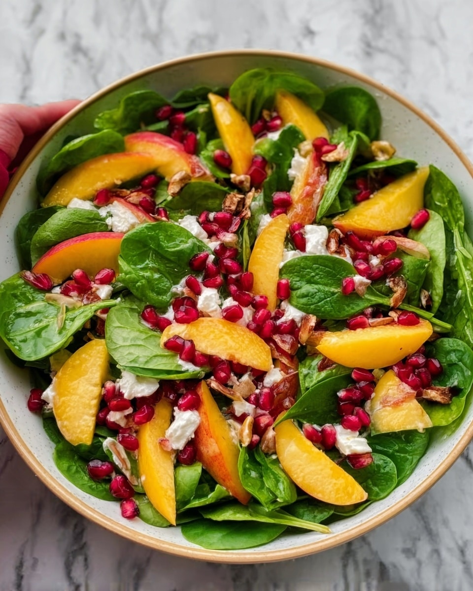 The image shows a fresh salad in a round, white bowl placed on a white marbled surface. The salad has multiple layers: the bottom layer is made of bright green spinach leaves. On top of the leaves, there are thick slices of yellowish-orange peaches scattered evenly. Small chunks of white cheese are sprinkled throughout. Bright red pomegranate seeds are spread across the salad, adding contrast and texture. The colors are vibrant and fresh, and a woman's hand is visible in the top left corner, holding the bowl gently. The image is sharp and well-lit, focusing closely on the salad ingredients. photo taken with an iphone --ar 4:5 --v 7