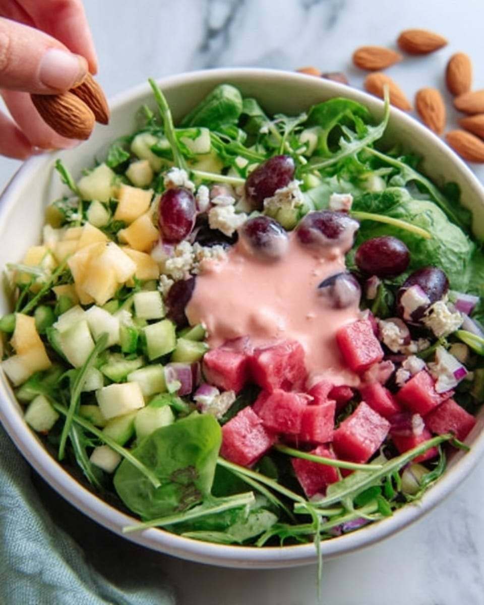 The image shows a white bowl filled with a fresh mixed salad. The bottom layer is made up of green leafy vegetables with long thin stems. On top, there are small chopped pieces of light yellow fruit, dark purple or black grapes, and cubes of pink fruit. There is a pinkish creamy dressing drizzled over the salad. The bowl is placed on a white marbled surface. A woman's hand is holding some almonds near the bowl. photo taken with an iphone --ar 4:5 --v 7