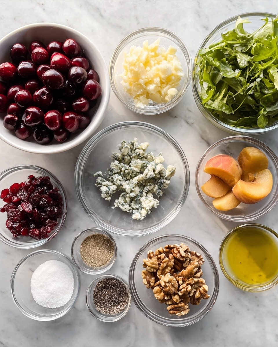 The image shows several small clear glass bowls and two white bowls arranged on a white marbled surface. One white bowl contains fresh dark red cherries, while the other has a mix of green leafy salad. The glass bowls hold different ingredients including crumbly blue cheese, dried red cranberries, white granulated sugar, light yellow mustard, chopped walnuts, canned peach slices, clear liquid (likely water), golden olive oil, and a small bowl with salt and black pepper mixed. All items are neatly placed in a grid-like pattern, ready for making a recipe. Photo taken with an iphone --ar 4:5 --v 7