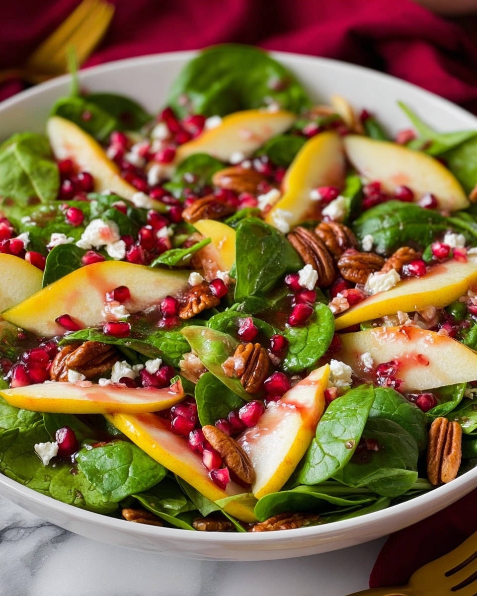 A white round plate filled with a fresh salad featuring vibrant green spinach leaves as the base layer, topped with thin slices of yellow and red pear pieces spread evenly throughout. Scattered on top are bright red pomegranate seeds and small chunks of white cheese, adding contrast and texture. There are also halves of light brown pecans sprinkled across the salad, and the entire dish is lightly drizzled with a deep red, glossy dressing. The plate is set on a white marbled surface with a hint of a red cloth in the background. photo taken with an iphone --ar 4:5 --v 7