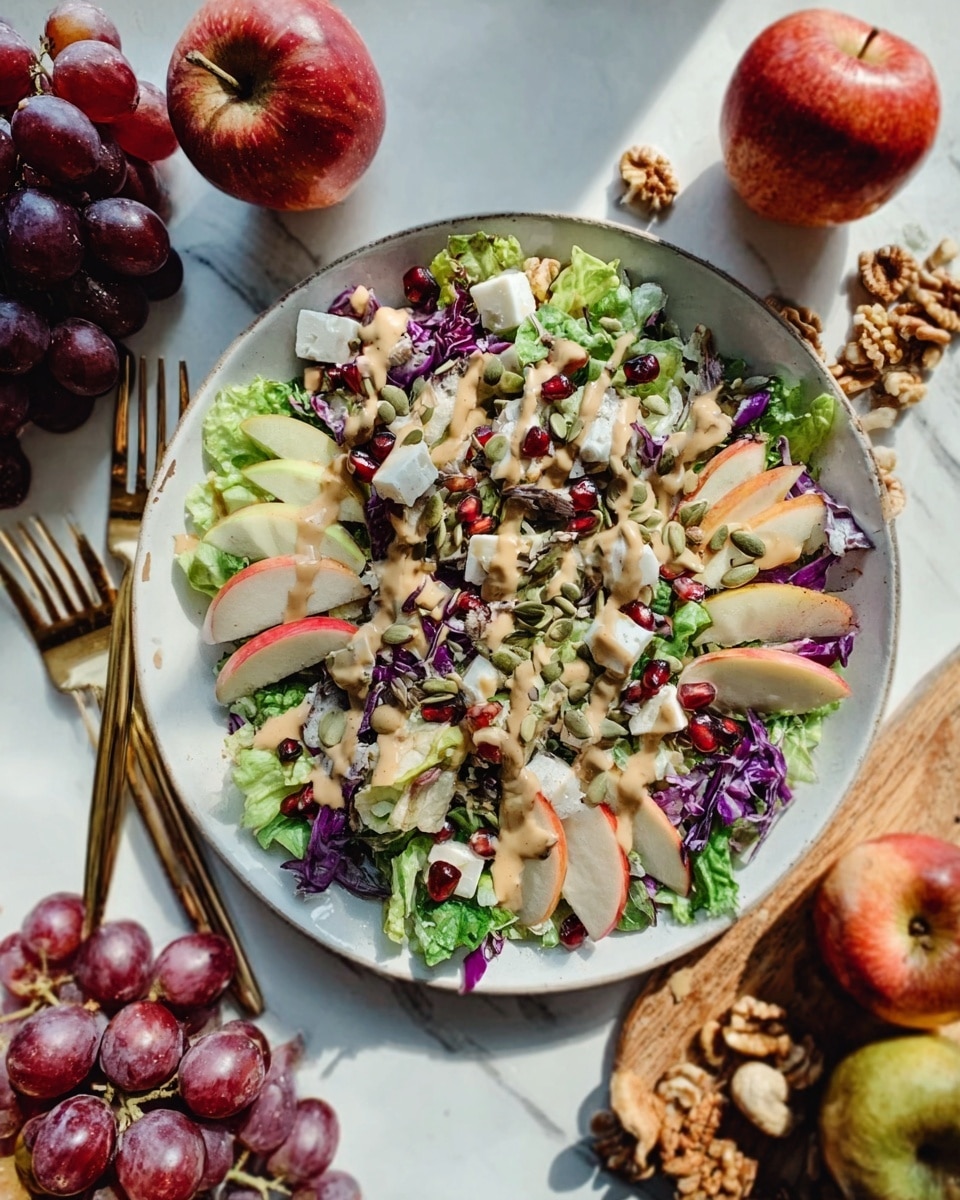 The image shows a white plate filled with a colorful salad on a white marbled surface. The salad has a base layer of green lettuce leaves mixed with purple cabbage and some small red kidney beans. On top, there are thin slices of white mushrooms, small cubes of apples with red skin, and scattered pumpkin seeds for texture. A creamy tan-colored dressing is drizzled evenly over the salad. Around the plate, there are whole and sliced apples, red grapes, some nuts, and a woman's hand holding a gold fork near the bottom left. The lighting is natural and bright, highlighting the fresh and vibrant colors of the salad. photo taken with an iphone --ar 4:5 --v 7