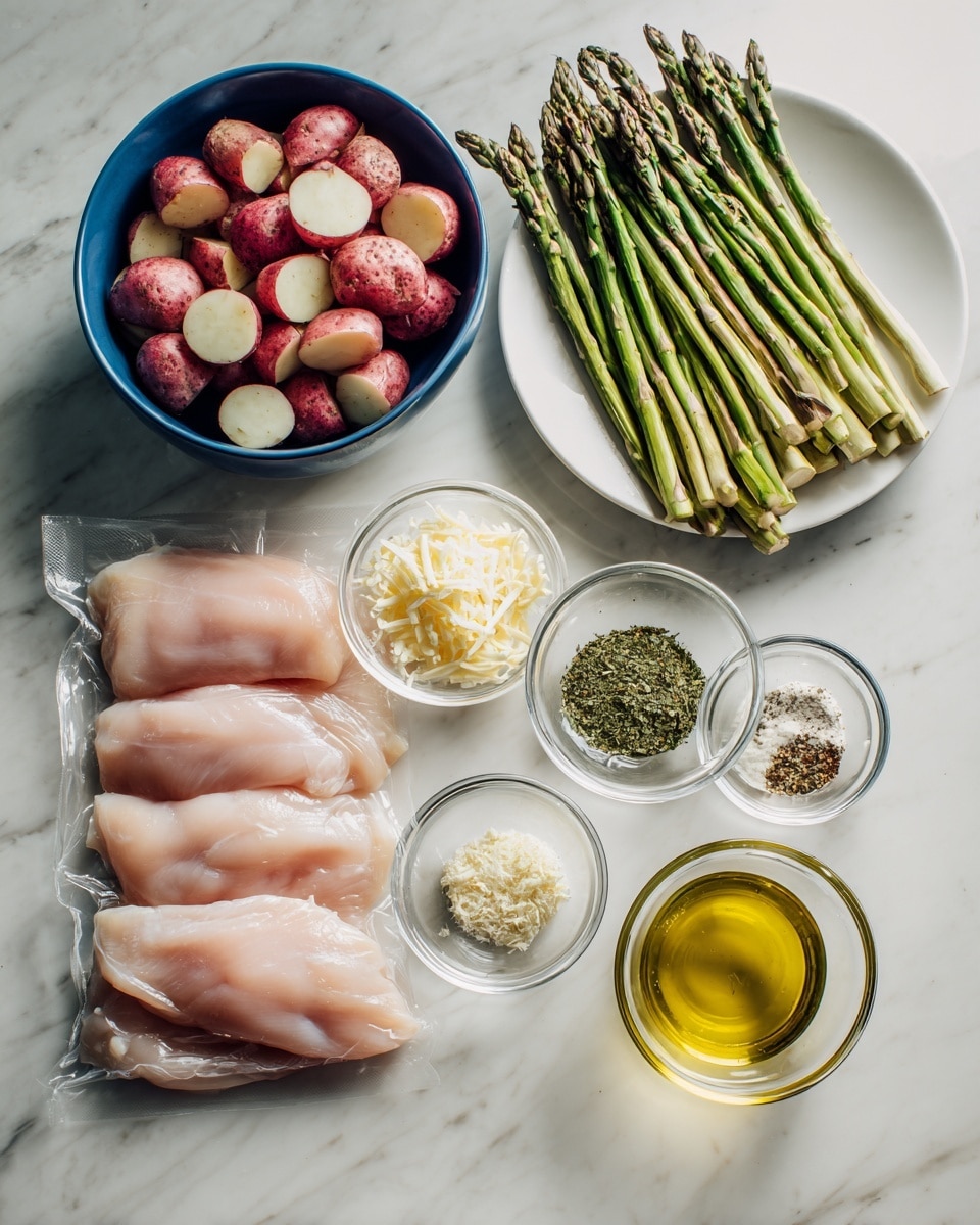 The image shows ingredients arranged on a white marbled surface. There is a blue bowl filled with small red-skinned potato pieces in the top left. To the right, a white plate holds a bunch of green asparagus spears. Below the potatoes, a clear plastic pack holds five raw pale pink chicken breasts. Next to the chicken, there are four small clear bowls, arranged in two rows: the top row has shredded pale yellow cheese and a finely ground light yellow seasoning mix; the bottom row holds dried green herbs, minced garlic, and a mix of salt and pepper. Finally, a small clear bowl with golden olive oil is placed on the bottom right. photo taken with an iphone --ar 4:5 --v 7