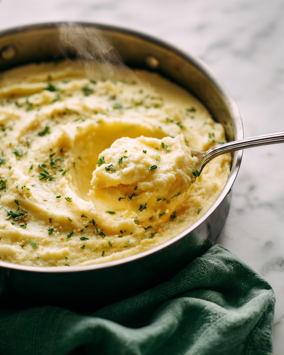 A close-up of a large pan filled with creamy mashed potatoes topped with small bits of herbs, giving a light green speckled look. A shiny silver spoon lifts a soft scoop of the smooth, pale yellow mashed potatoes showing a rich, fluffy texture. Around the pan, the edge is simple and dark, with a soft green cloth on one side, placed on a white marbled surface. The lighting highlights the creamy softness and gentle steam rising from the dish, creating a warm and fresh feeling photo taken with an iphone --ar 4:5 --v 7