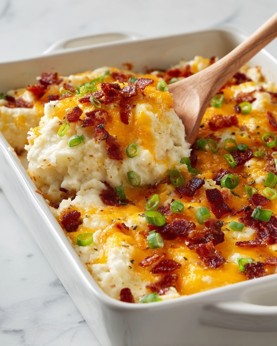 A white rectangular dish holds a creamy casserole with a thick, golden layer of melted cheddar cheese on top. The cheese layer is bright orange with a smooth and slightly bubbly texture. Scattered over the cheese are small pieces of crispy brown bacon and round slices of fresh green onions, adding pops of green and dark red. A wooden spoon lifts a scoop from the dish, revealing a soft, fluffy, pale beige base underneath the cheese, textured with small chunks. The white marbled surface under the dish softly reflects light, creating a clean and simple background. photo taken with an iphone --ar 4:5 --v 7