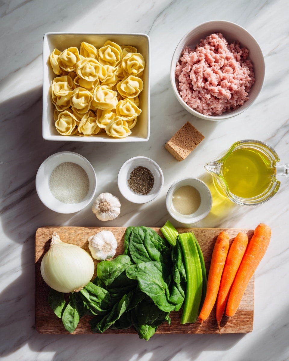 The image shows ingredients neatly placed on a white marbled surface, including a square white bowl filled with yellow tortellini pasta, a round white bowl with pink ground meat, a small white bowl with white liquid, and small white bowls with various spices. Next to these are a glass jug filled with light yellow broth, a glass bottle with olive oil, and a small brown cube. A wooden board holds fresh vegetables: two bright orange carrots, green celery stalks, dark green spinach leaves, one white onion, a whole garlic bulb, and a white onion. The arrangement is clear and organized, with natural light highlighting the colors and textures. Photo taken with an iphone --ar 4:5 --v 7