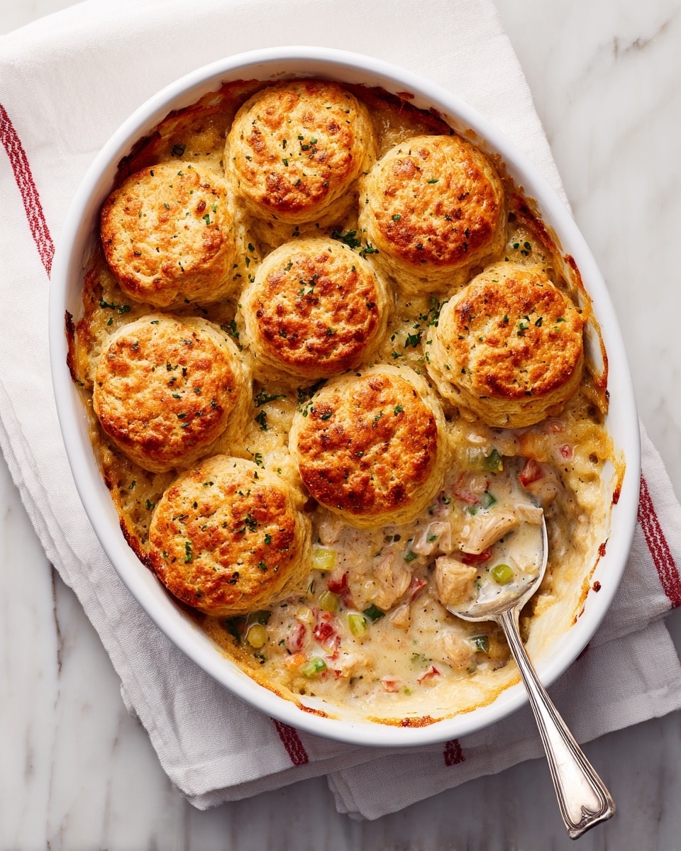 The image shows a white oval baking dish filled with a savory casserole topped with twelve golden-brown biscuit rounds arranged in a neat grid of four rows and three columns. The biscuits have a lightly textured, crispy top layer with a warm, golden color. Beneath the biscuits, a creamy layer with visible chunks of light-colored meat, and small pieces of green and red vegetables peek through, creating a mixed texture look. A silver serving spoon is placed inside the dish, scooping out a portion from the bottom right side, revealing the creamy filling and soft biscuit underneath. The dish is set on a white marbled surface with a white cloth that has a red stripe on the side. Photo taken with an iphone --ar 4:5 --v 7