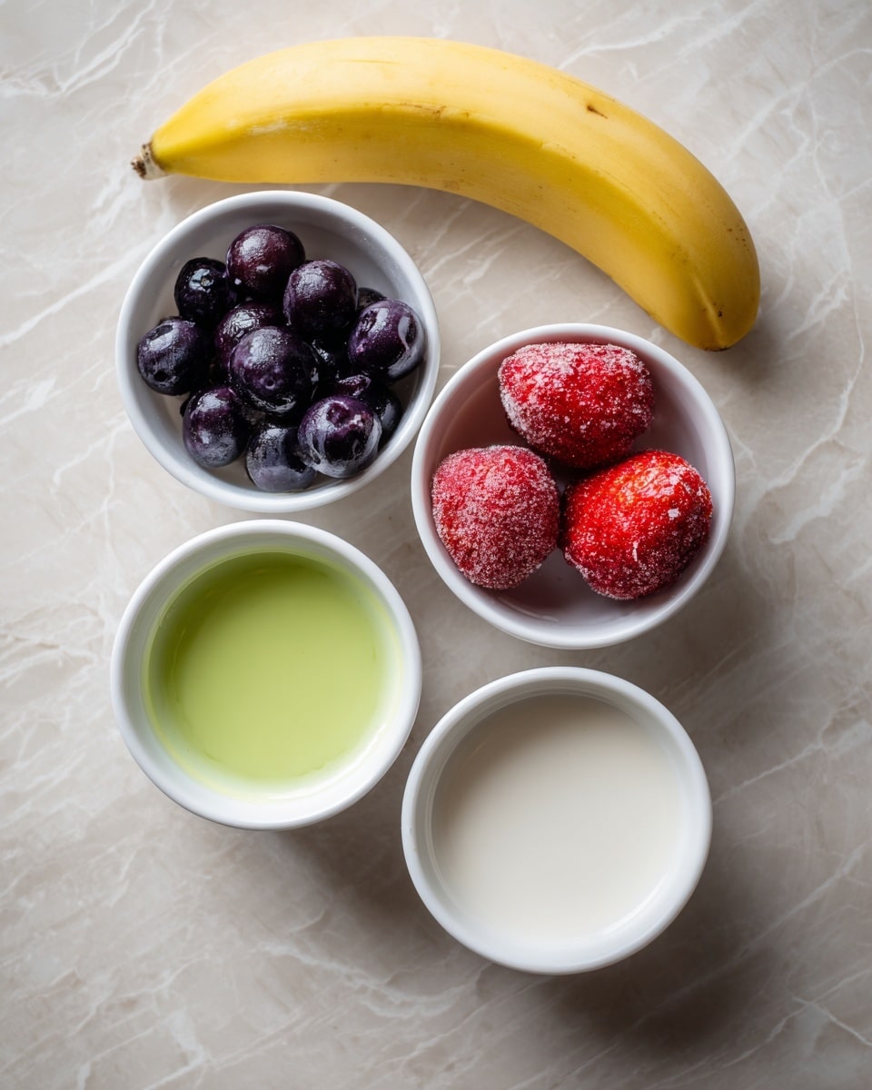 The image shows a plain yellow banana placed on a white marbled surface at the top center. Below it are four small white bowls arranged in a square pattern. The top-left bowl contains dark purple blueberries with a smooth texture. The top-right bowl holds three frosted red strawberries with a rough texture. The bottom-left bowl is filled with a bright green liquid, smooth and shiny. The bottom-right bowl contains white milk, smooth and calm. Photo taken with an iphone --ar 4:5 --v 7