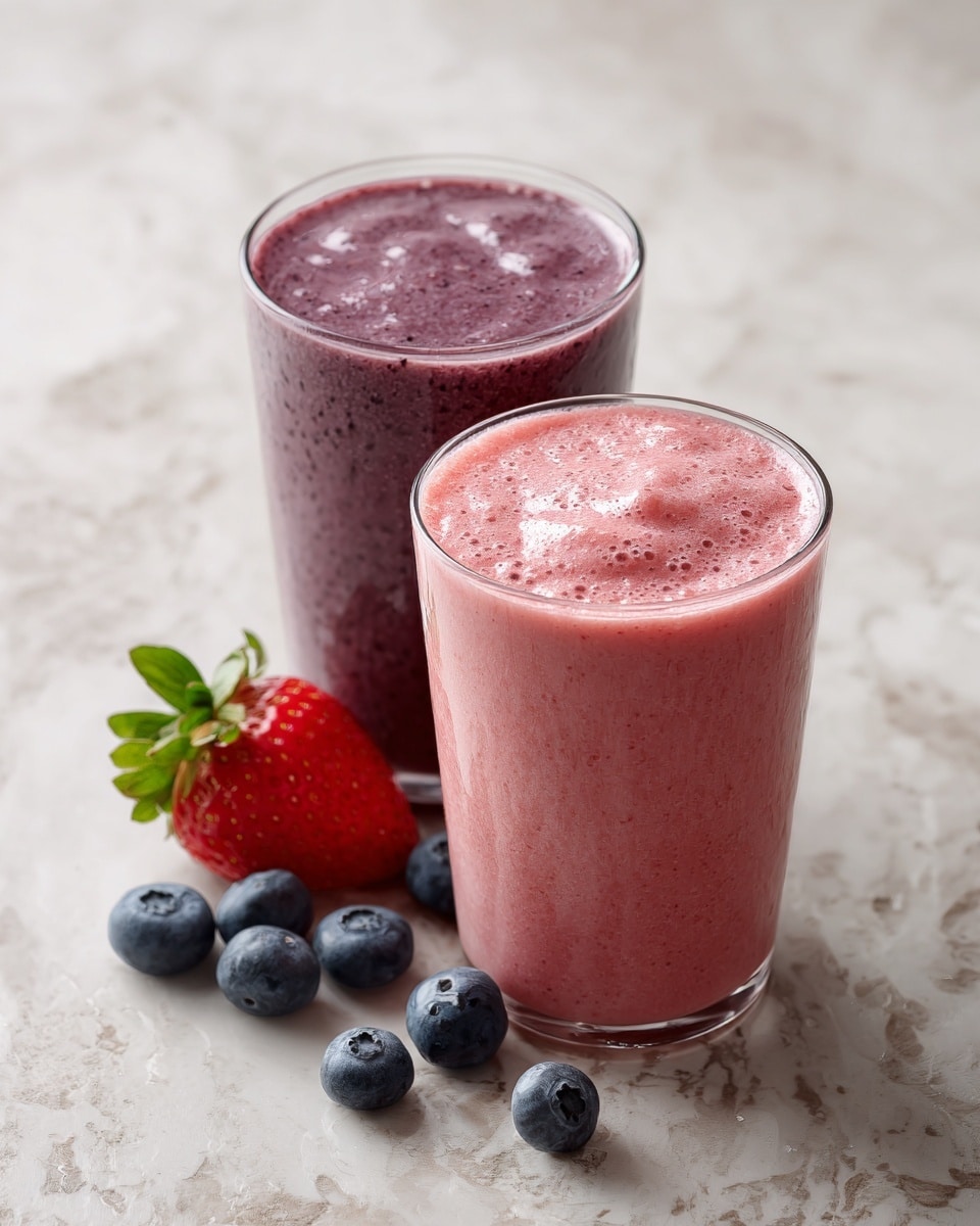 Two clear glasses filled with thick, creamy berry smoothies sit on a white marbled surface. The glass in front holds a light pink smoothie with a smooth but bubbly texture visible on top, while the glass behind it contains a darker purple smoothie with a similar texture. Around the glasses are several fresh blueberries and one red strawberry with green leaves on top. The setting is simple and clean, focusing on the fresh look of the smoothies and fruits. photo taken with an iphone --ar 4:5 --v 7