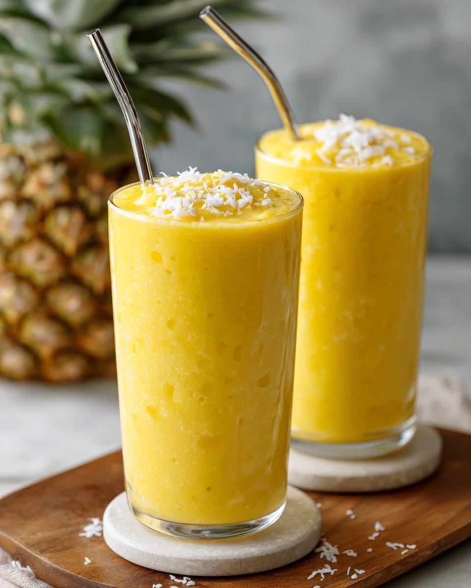 Two tall clear glasses filled with bright yellow mango smoothie show a thick, creamy texture with small white coconut flakes sprinkled on top as garnish. Each glass holds a shiny silver metal straw, standing upright in the smoothie. The glasses sit on small round white stone coasters placed over a natural wooden board. In the blurred background, there is a ripe pineapple with green leaves and a white marbled surface under everything. Photo taken with an iphone --ar 4:5 --v 7