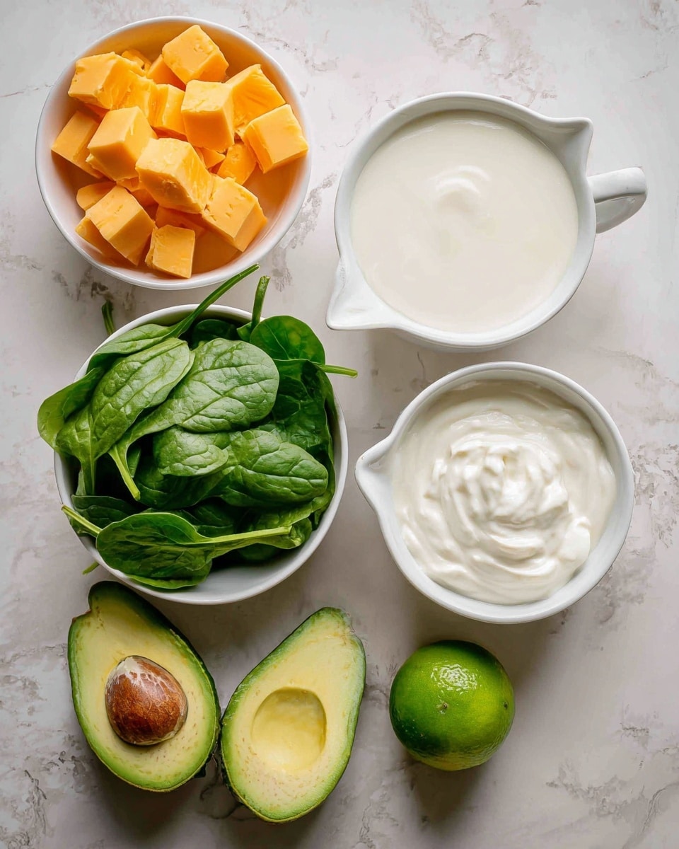 The image shows several ingredients arranged on a white marbled surface. At the top left is a white bowl filled with small orange cheese cubes that have a rough texture. To the right of it is a white bowl with white liquid, likely milk or cream, smooth and filling the bowl almost to the top. Below the cheese bowl is a white measuring cup filled with thick white cream. Next to the cream is a white bowl holding fresh green spinach leaves with visible veins and stems. At the bottom left are two avocado halves, one with a large brown seed and the other seedless showing smooth green flesh. To the right of the avocado halves is a small round bowl containing a green lime cut in half, showing its juicy inner segments. Photo taken with an iphone --ar 4:5 --v 7