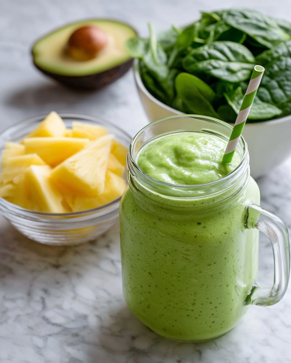 A bright green smoothie fills a clear glass mug, showing a thick and smooth texture with tiny bits inside. The jar is full to the top and has a green and white striped straw standing upright. Behind it, there is a white bowl filled with fresh, dark green spinach leaves on the right side. On the left, a small clear bowl contains pale yellow slices of pineapple, and behind that is a halved avocado with dark green skin and light green inside, showing the seed. All items sit on a white marbled surface that brightens the scene. Photo taken with an iphone --ar 4:5 --v 7