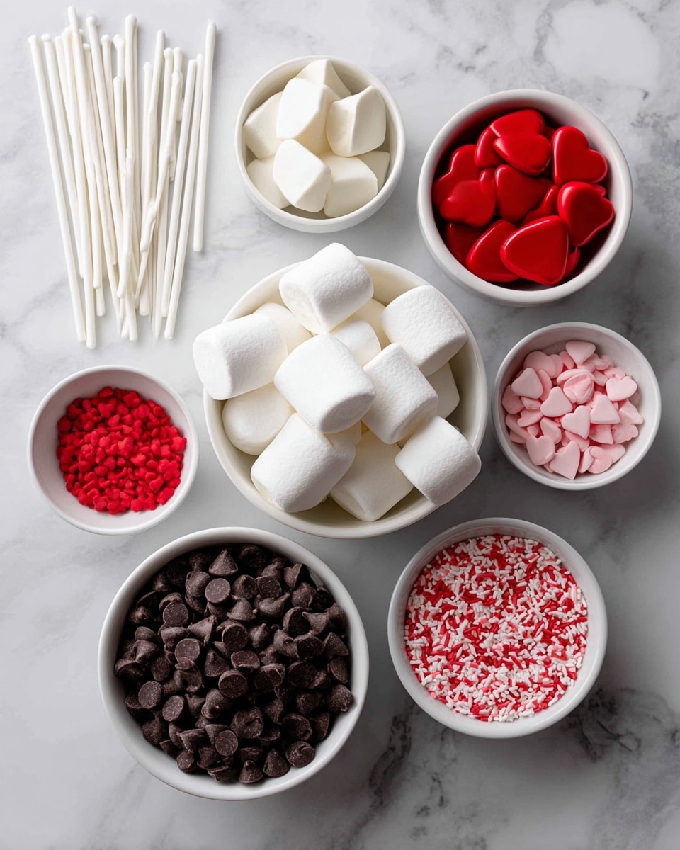 The image shows six groups of baking ingredients arranged on a white marbled surface. In the bottom left, a white bowl is full of large white marshmallows. To its top left, there are white lollipop sticks laid out in a fan shape. Above the marshmallows, a small white bowl contains flat white candy melts. To the right of that, another small white bowl holds flat red candy melts. Below the red candy melts, a white bowl is filled with dark brown chocolate chips. To the top right, a small white bowl is filled with small red heart-shaped sprinkles. Each ingredient displays a clear texture and bright color contrast. Photo taken with an iphone --ar 4:5 --v 7