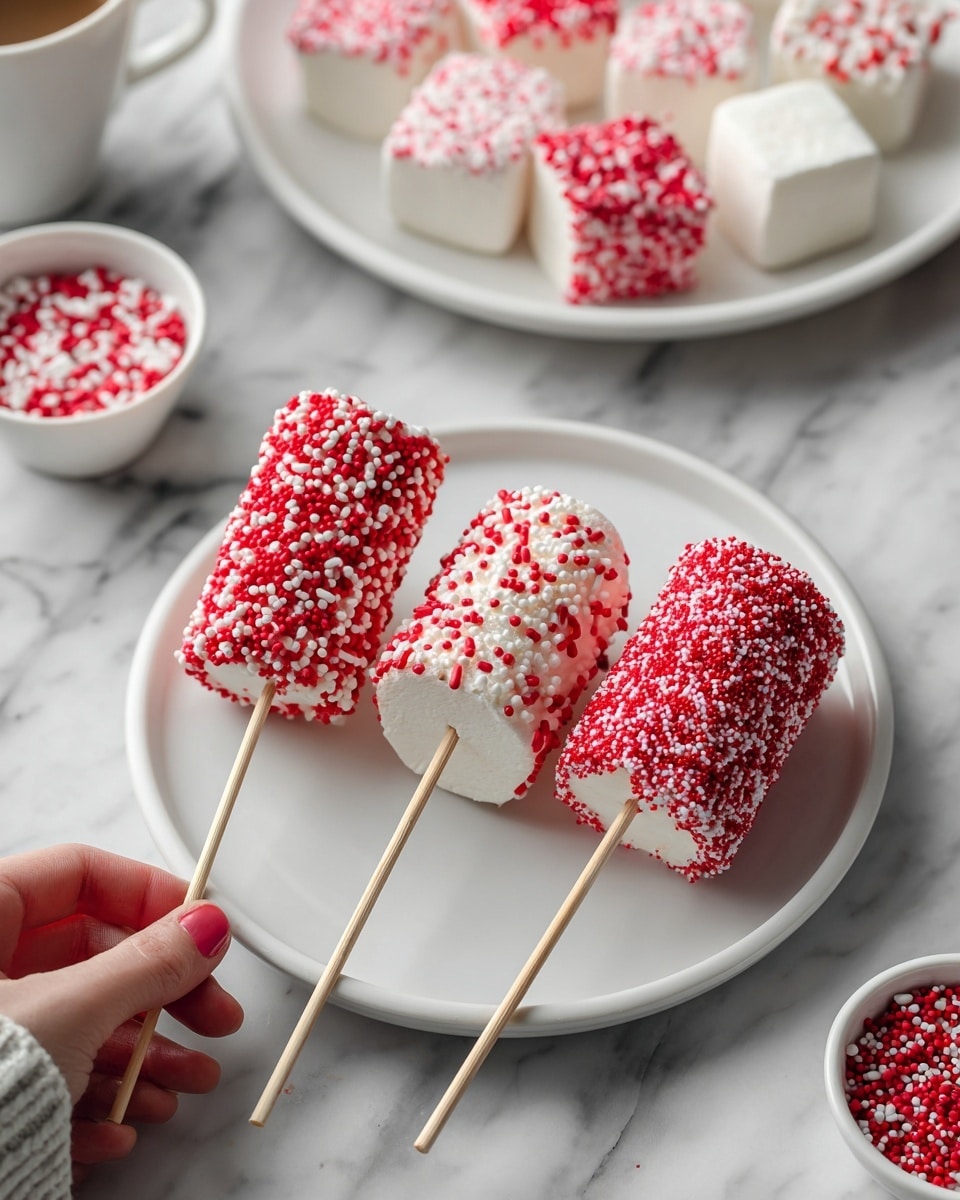 The image shows three white skewered marshmallows lying side by side on a white plate, each covered with different layers of colorful red and white sprinkles. The first marshmallow is mostly coated with small red and white sprinkles all around, showing a rough texture. The second marshmallow is partly covered with red sprinkles, especially on the top side, while the rest is white and smooth. The third marshmallow is even more covered with a thicker, dense layer of red sprinkles, giving it a very textured look. In the background, there is a white plate filled with more marshmallows topped with sprinkles, and a small white bowl containing some sprinkles. The scene is set on a white marbled surface, and a woman's hand is seen holding the first marshmallow skewer. Photo taken with an iphone --ar 4:5 --v 7