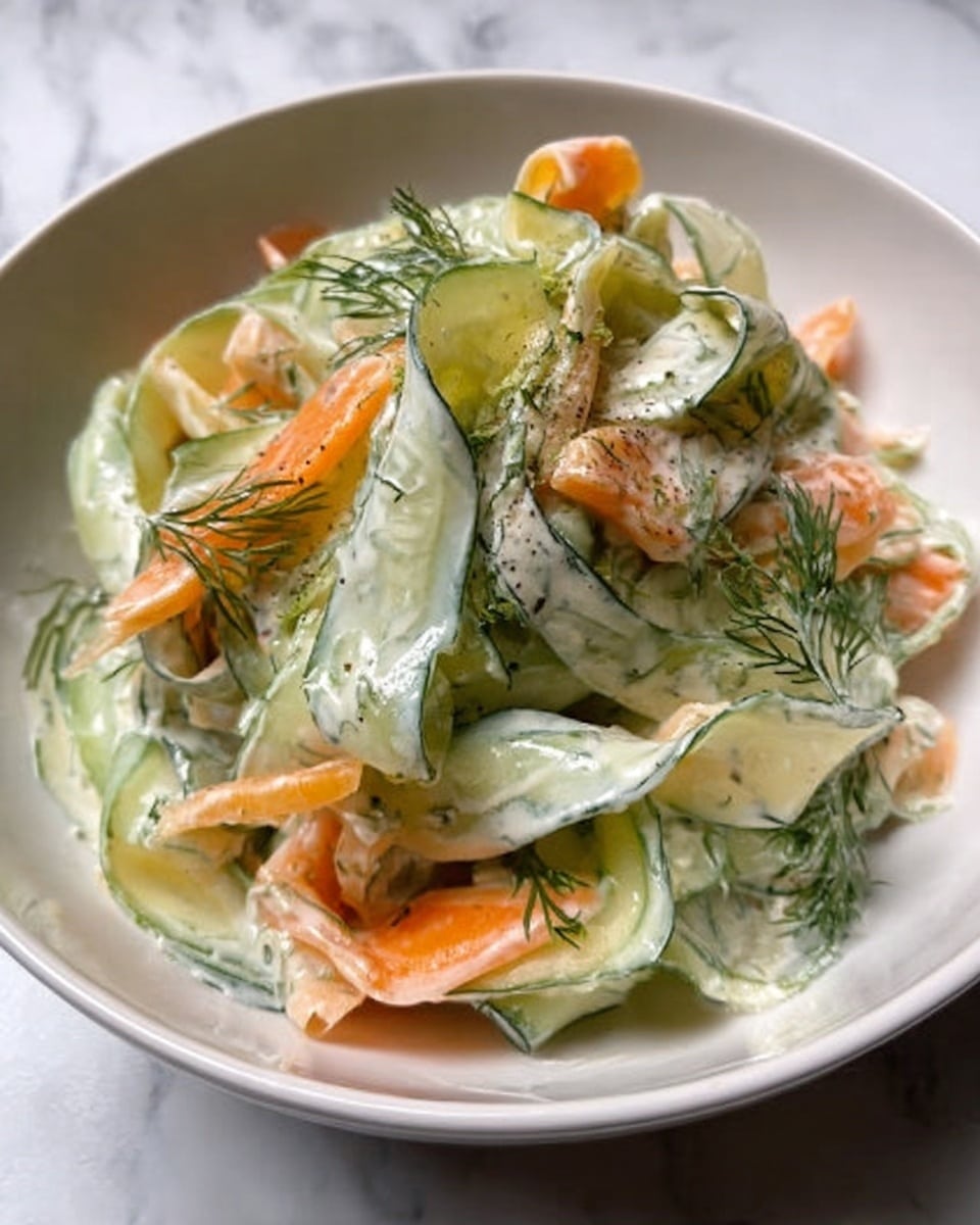 The image shows various ingredients neatly placed on a white marbled surface. At the top, there are three fresh green cucumbers. Below them, nine small white bowls are arranged in a loose circle, each holding different ingredients: sesame seeds, dark soy sauce, a raw egg yolk, a pale liquid (likely vinegar), red chili paste, minced garlic, chopped green onions with celery, and another light liquid. At the bottom left, three whole bright orange carrots lay side by side. The ingredients are organized clearly, and the lighting is soft and natural. Photo taken with an iphone --ar 4:5 --v 7