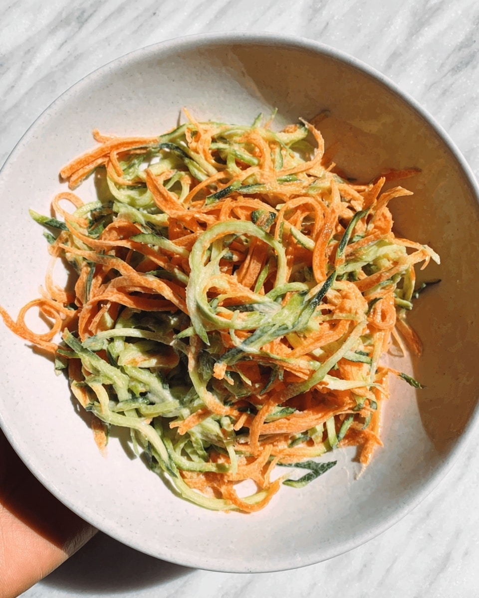 The image shows a white plate filled with a salad made of thin, long strips of orange and light green vegetables mixed together. The orange strips look like carrots, and the light green strips look like cucumber or a similar vegetable. The strands are slightly shiny, showing a light dressing that makes them look fresh and moist. The plate sits on a white marbled surface. In the top left corner, a woman's hand is reaching over the plate. The lighting is natural and bright, giving the colors a fresh and healthy feel. photo taken with an iphone --ar 4:5 --v 7