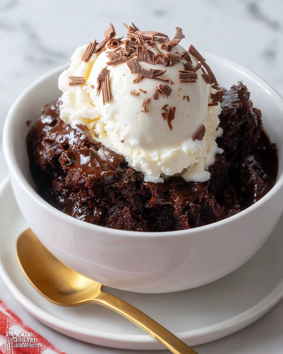 A white bowl holds a warm chocolate dessert with a rich, dark brown, soft and moist texture, layered thickly at the bottom and sides. On top, there is a smooth scoop of creamy white vanilla ice cream with a few small soft folds, sprinkled generously with thin, dark brown chocolate shavings. The bowl sits on a matching white plate, next to a shiny gold spoon on a white marbled surface. Photo taken with an iphone --ar 4:5 --v 7