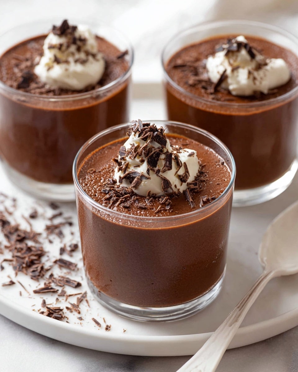 Three small glass jars each hold two layers; the bottom layer is smooth, light brown chocolate mousse filling most of the jar, topped with a dollop of white whipped cream and dark chocolate shavings scattered over the cream. One jar sits on a round white marble coaster in the foreground, with two similar jars blurred slightly in the background on a white marbled surface. Chocolate shavings are scattered around, along with a shiny silver spoon to the right and a small metal cup filled with more chocolate shavings on the left. A soft, crumpled white cloth is partially visible in the background. Photo taken with an iphone --ar 4:5 --v 7