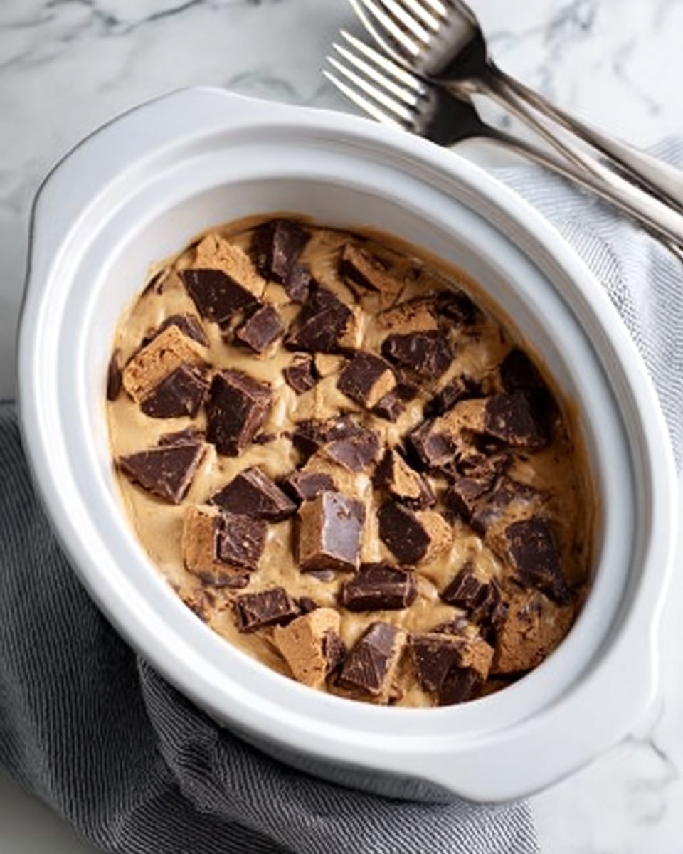 The image shows four separate scenes arranged in a grid. The first scene has baking ingredients laid out on a white marbled surface: a red packet of brown sugar, a jar of peanut butter, a green measuring spoon, a small glass bowl of oil, and two eggs. The second scene shows a glass mixing bowl filled with smooth, light brown batter sitting on the same white marbled surface. The third scene displays a round cake pan with a baked, dark brown, dense cake layer with a textured, slightly cracked surface. The fourth scene shows a round cake pan with a thick layer of creamy, light beige batter topped with scattered pieces of milk chocolate on top, ready to bake. photo taken with an iphone --ar 4:5 --v 7