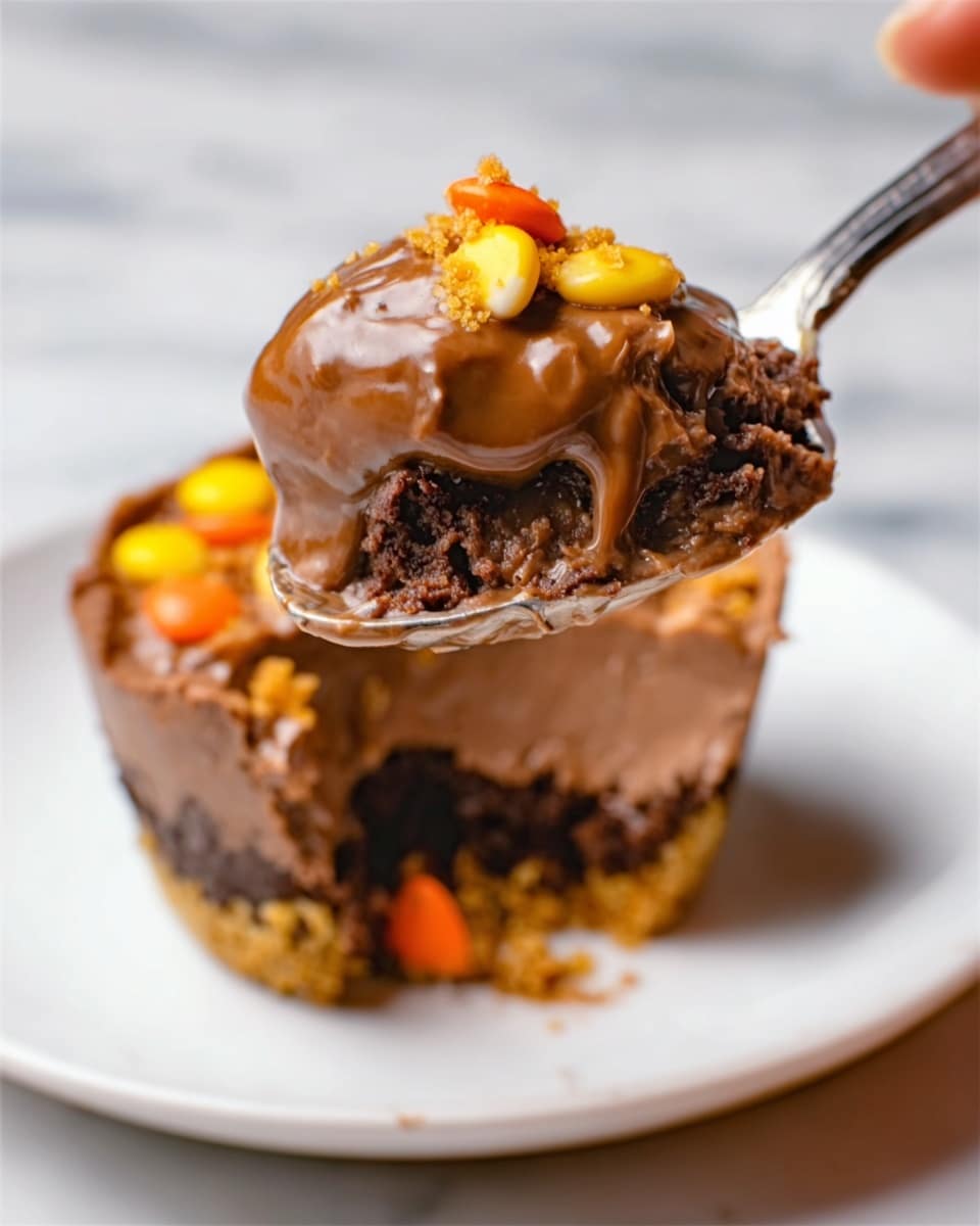 A close-up of a spoonful of dessert held by a woman's hand, showing a rich chocolate layer on the bottom with a crumbly texture, topped by a thick, smooth layer of melted chocolate. On top, there are small pieces of orange and yellow candy, adding bright colors. The background has a white marbled surface, and the dessert is on a white plate. Photo taken with an iphone --ar 4:5 --v 7