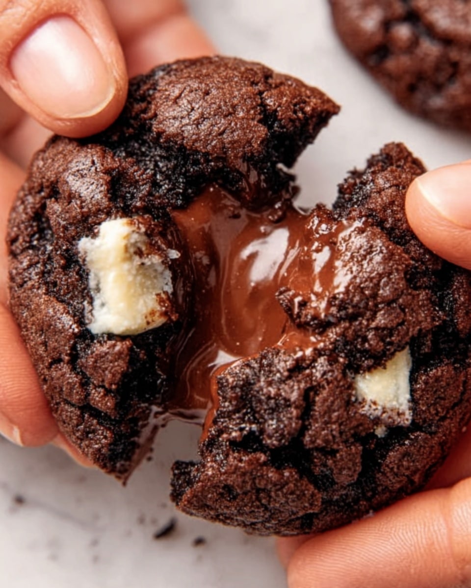 A close-up image shows a dark brown chocolate cookie broken in half by two woman's hands. The cookie is soft and crumbly with a rough, uneven texture. Inside, melted milk chocolate oozes smoothly from the center, shining with a rich, creamy look. Small bits of white chocolate or cream are slightly melting on the surface of the cookie near the break. The background is a white marbled texture. Photo taken with an iphone --ar 4:5 --v 7