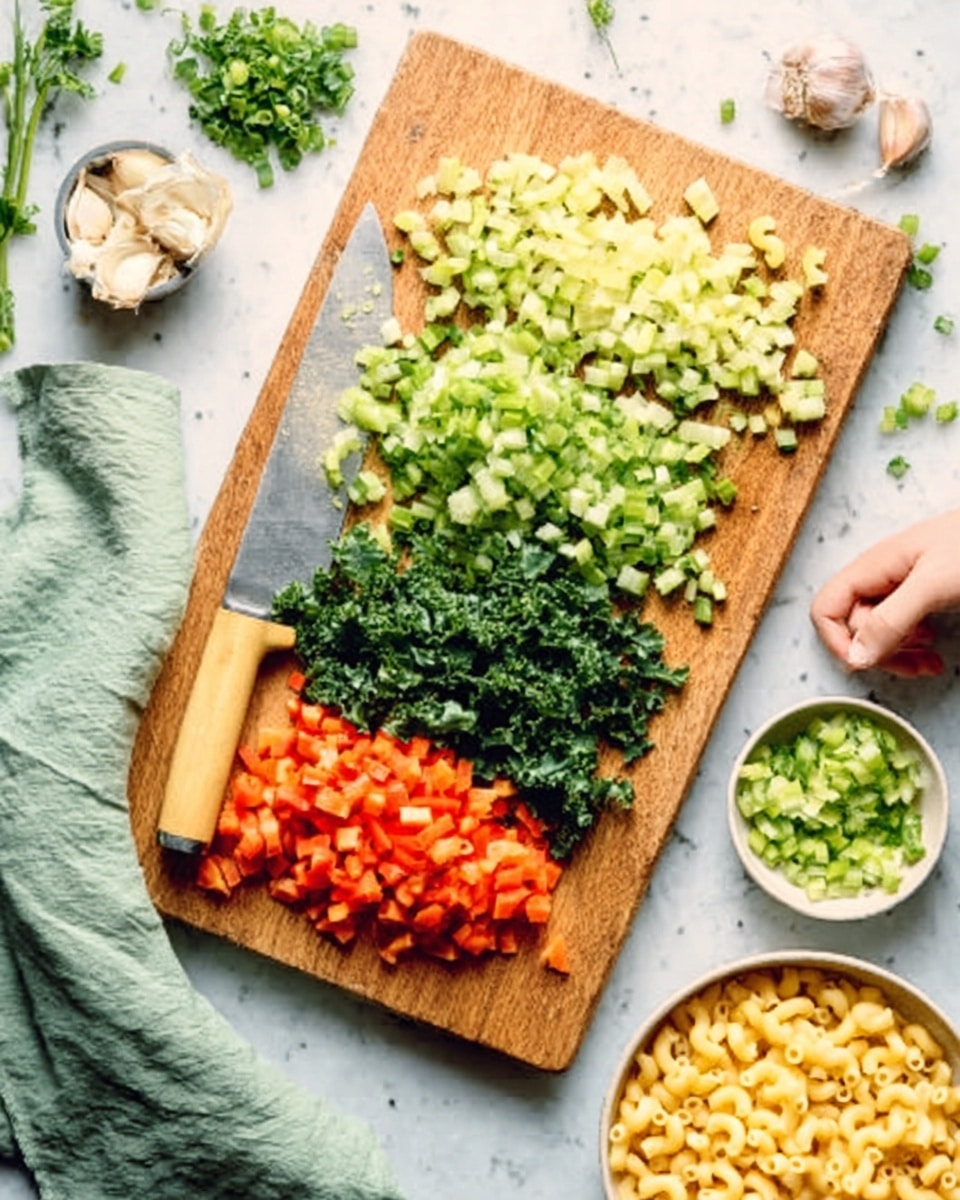 The image shows a wooden cutting board on a white marbled surface with four piles of chopped vegetables arranged in rows. From top to bottom, the first layer is light green chopped celery, the second layer is bright green chopped green onions, the third layer is dark green chopped kale, and the fourth layer is bright orange-red chopped carrots. A knife with a light brown handle rests across the middle of the board. Nearby, there is a white bowl filled with cooked elbow macaroni pasta at the bottom right and a small white bowl with diced celery to the top right. A woman's hand is reaching in from the right edge, near two garlic cloves lying on the surface. A folded mint green cloth is on the left side of the board. The light is soft and natural. Photo taken with an iphone --ar 4:5 --v 7