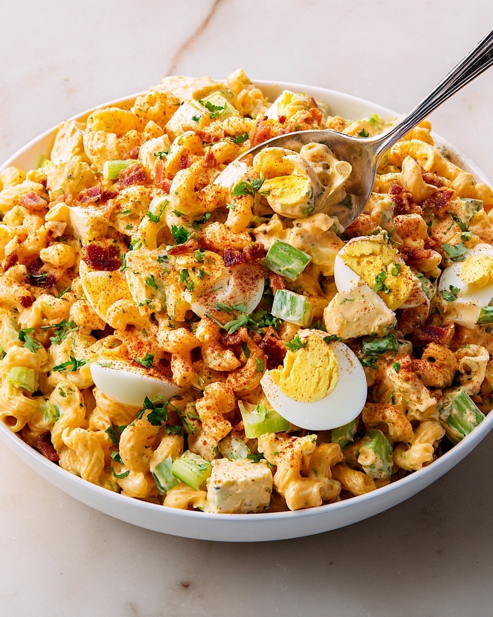 This image shows a close-up of a large white bowl filled with creamy macaroni salad. The salad has three main layers: the base is made of small, curved macaroni pasta coated in a light orange creamy sauce with a smooth texture; mixed in are chopped green celery pieces and green onion slices adding a fresh, crunchy look. On top, there are large chunks of boiled eggs with white and bright yellow yolks, sprinkled with reddish-brown spices. Small bits of crispy bacon and chopped green herbs are scattered throughout, adding color contrast and texture. A metal spoon scoops a mix from the bowl, highlighting all the layers together. The bowl sits on a white marbled surface. photo taken with an iphone --ar 4:5 --v 7