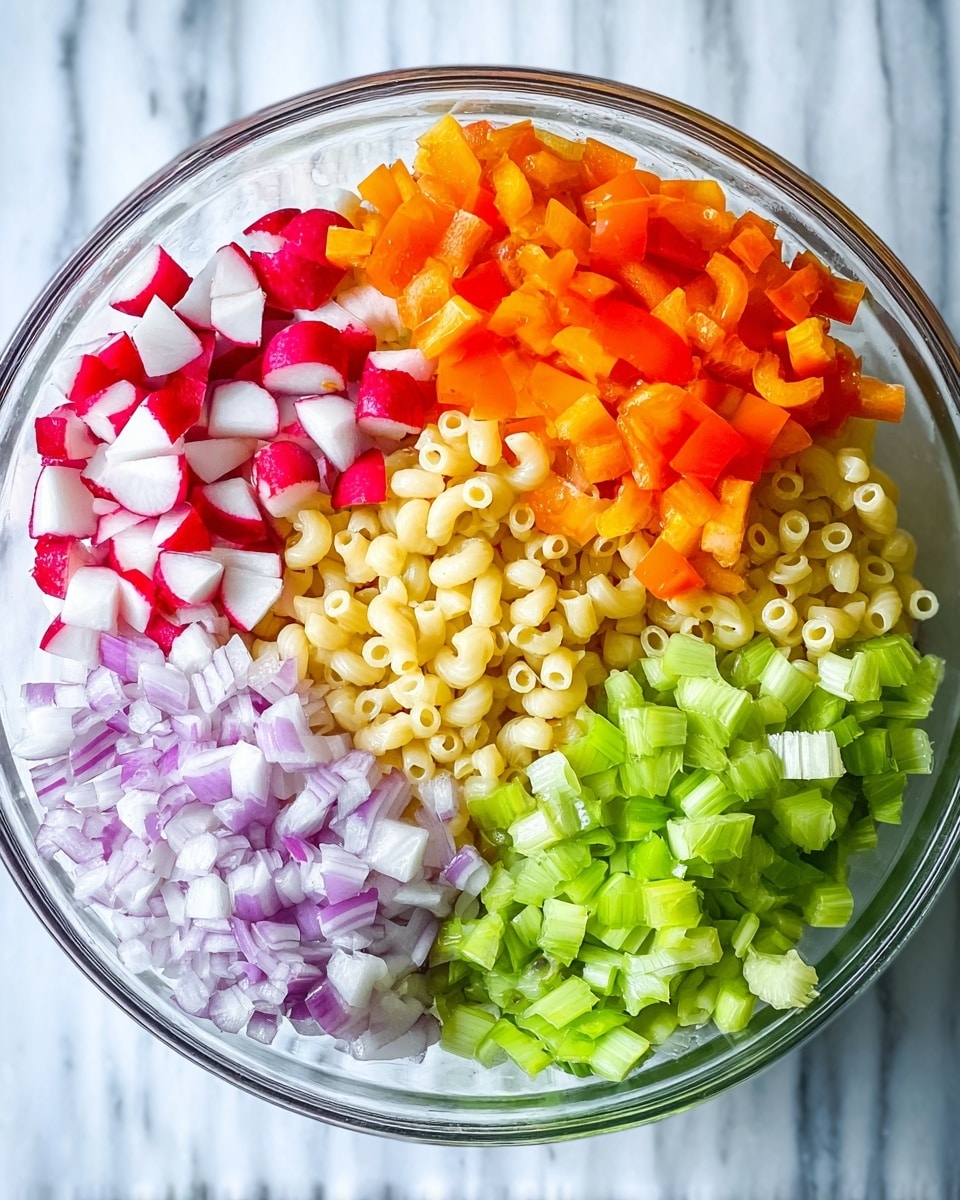 A clear glass bowl filled with six distinct layers of chopped ingredients arranged side by side: bright red and white chopped radishes on the top left, vibrant orange chopped bell peppers at the top right, pale purple chopped onions on the middle right, light yellow elbow macaroni in the center, pale beige diced pickles on the bottom left, and fresh green chopped celery on the bottom center, all resting on a white marbled surface photo taken with an iphone --ar 4:5 --v 7
