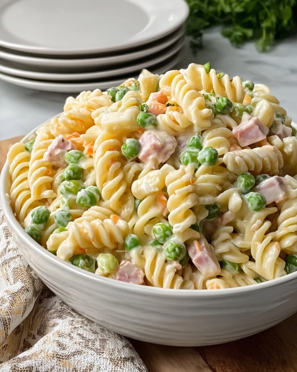 The image shows a large white bowl filled with a creamy pasta salad. The salad is made of spiral-shaped pasta that is pale yellow and looks soft and smooth. Mixed in are bright green peas, small cubes of light orange cheese, and thin strips of pale pink ham. The creamy dressing lightly coats the pasta and other ingredients, giving a slightly shiny look. In the background, there are stacked white plates and a white marbled surface under the bowl. A beige cloth with a subtle pattern lies next to the bowl. Photo taken with an iphone --ar 4:5 --v 7