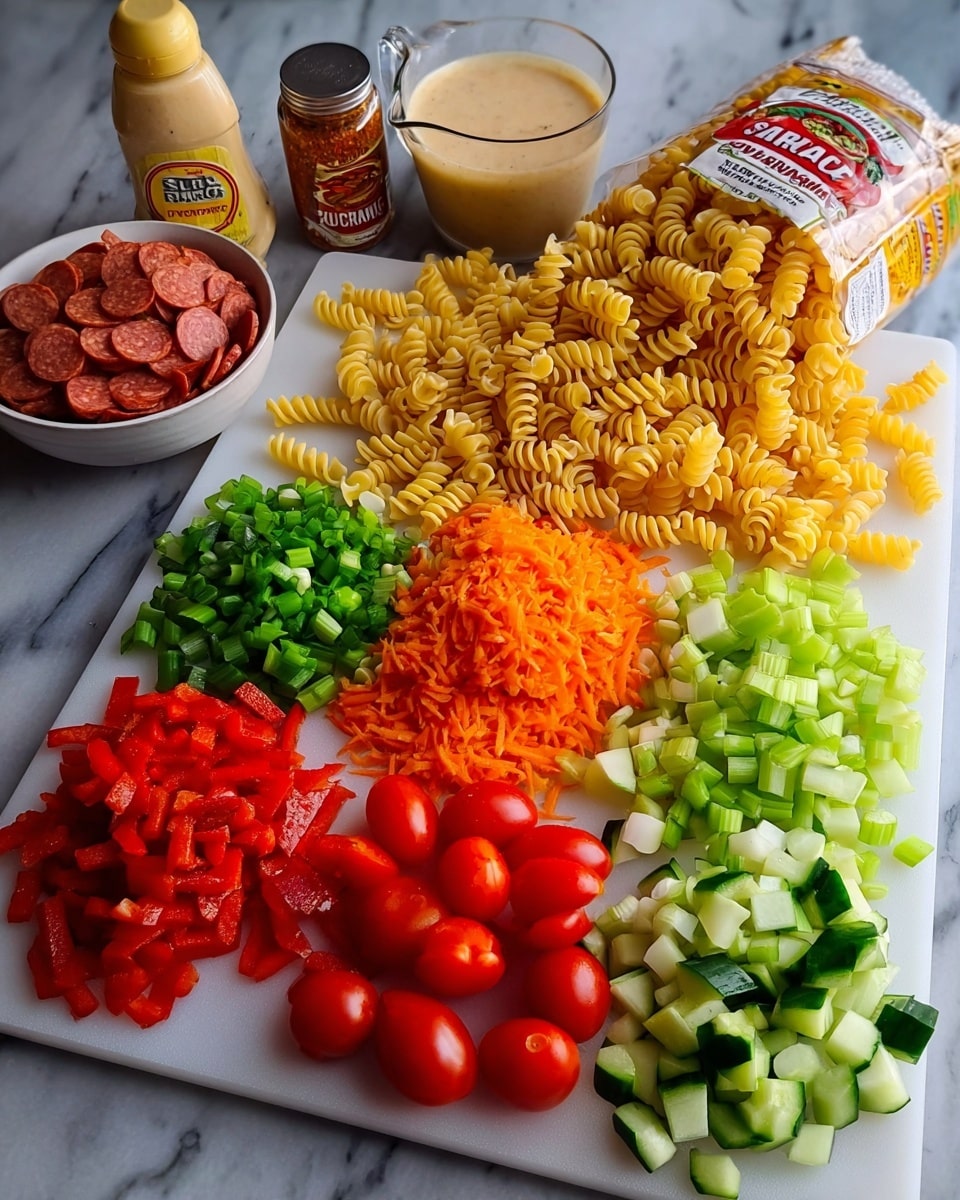 The image shows a white cutting board on a white marbled surface filled with colorful fresh ingredients arranged in neat groups. In the center, a bag of uncooked spiral pasta spills out golden-yellow spirals. Around it, from left to right, there is a small bowl filled with thin round slices of pepperoni, chopped green onions in bright green rings, diced red bell peppers with shiny smooth cubes, chopped celery in pale green pieces, finely grated bright orange carrot, a cluster of small, shiny red cherry tomatoes with two halved in front, and chopped cucumber pieces in light and dark green chunks. Behind the ingredients, a clear glass measuring cup holds a creamy light brown dressing, next to a small metal cup with orange-red seasoning powder and a seasoning bottle labeled