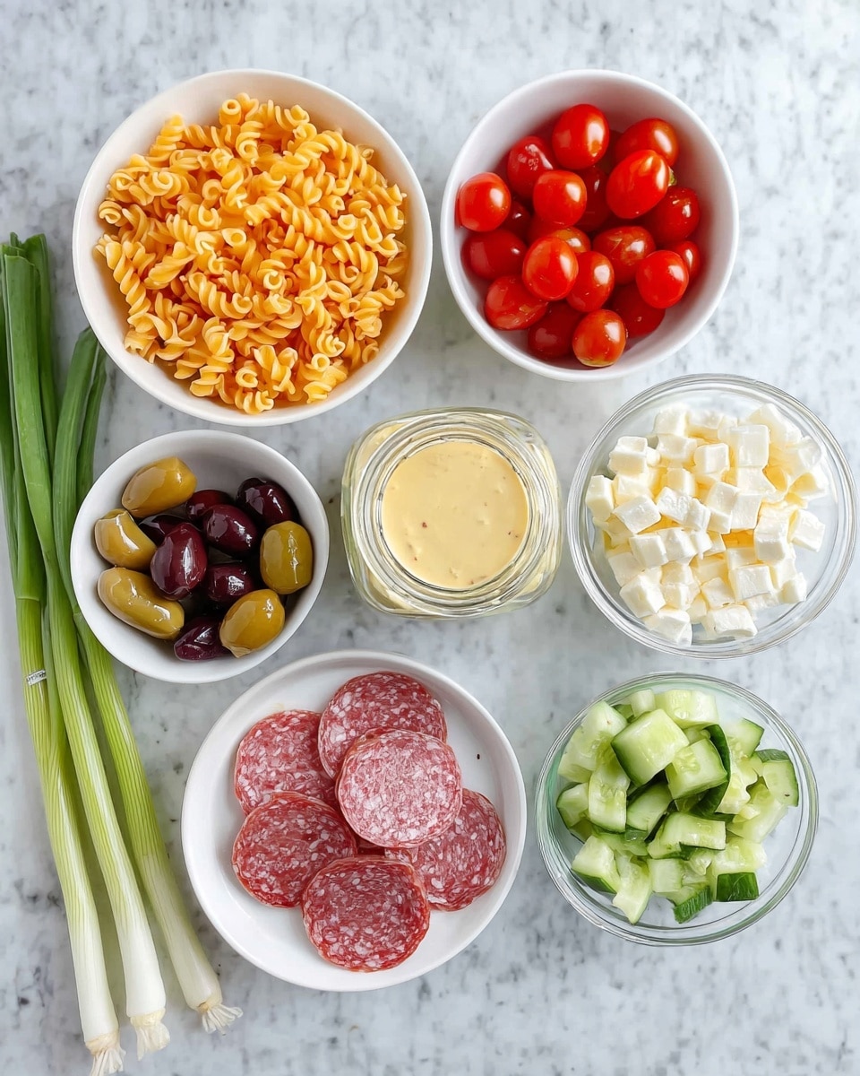 The image shows seven white bowls and plates arranged on a white marbled surface, each containing a different ingredient. From top left to right, there is a white bowl filled with cooked curly pasta of light orange color, a white bowl with bright red cherry tomatoes, a glass jar with a creamy light yellow sauce with seasonings, a white bowl with dark sliced olives, a white plate with several thin round slices of salami showing a mix of pink and white specks, a glass bowl with small white cubes of cheese, and a white bowl with bright green chopped cucumber pieces. Two fresh green onions with white bulbs are placed on the left side of the bowls. The photo taken with an iphone --ar 4:5 --v 7