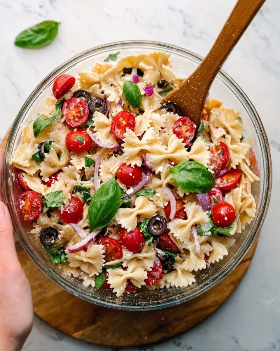 A clear glass bowl filled with a pasta salad made of light beige bowtie pasta mixed with sliced black olives, chopped red onions, and halved bright red cherry tomatoes. Fresh green basil leaves are scattered on top and mixed inside. A wooden spoon is placed inside the bowl, with a woman's hand holding it from the top right. The bowl is sitting on a white marbled surface. Photo taken with an iphone --ar 4:5 --v 7