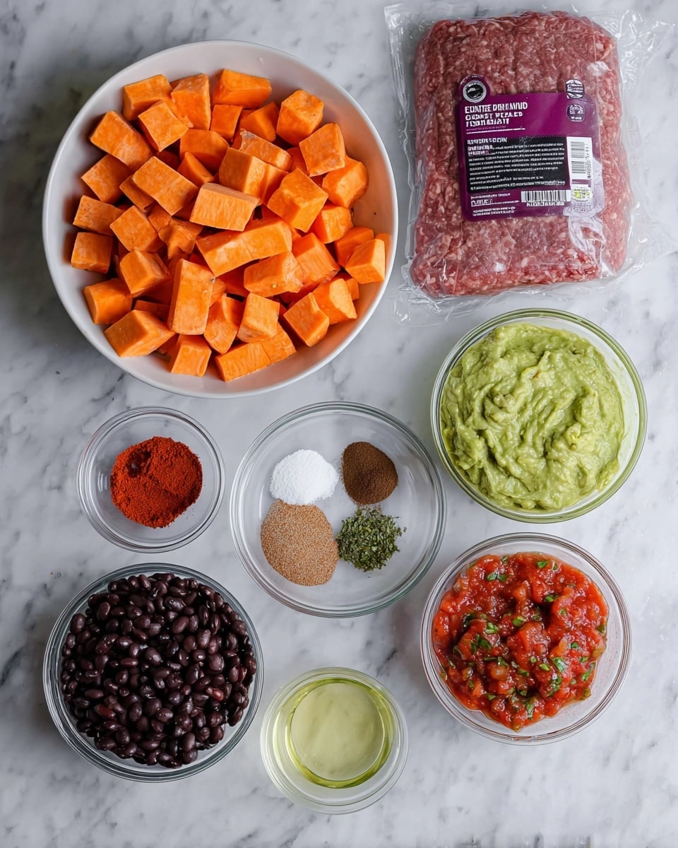 The image shows eight items arranged on a white marbled surface. At the top left, there is a white bowl full of bright orange cubed sweet potatoes. To its right, there is a sealed pack of raw ground beef with a purple label. Below the sweet potatoes, there is a small clear bowl with different spices in separate sections, including red, white, and brown powders. Next to it on the right is a larger clear bowl with smooth green guacamole. Below these, there is a tiny white bowl filled with clear oil. To the left of it, there is a small clear bowl with red chili powder. Below the chili powder, there is a white bowl filled with dark black beans. To the right of the beans, there is a clear plastic container with chunky red salsa made of tomatoes and herbs. Photo taken with an iphone --ar 4:5 --v 7