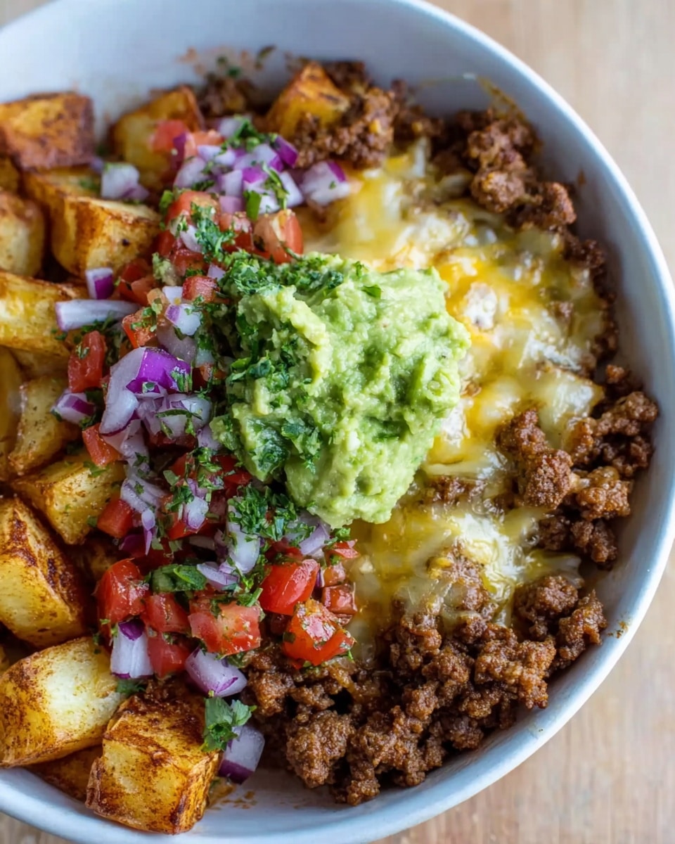 In a white bowl, the dish has four main layers. The bottom layer is golden brown roasted potato cubes with a crispy texture. Above the potatoes, there is a layer of browned ground meat with a crumbly texture. Melted cheese in a pale yellow color covers parts of the meat, adding a creamy look. On top, there is a fresh layer made of bright green guacamole and a mix of diced red tomatoes, purple onions, and chopped green herbs, giving a colorful and fresh finish. Photo taken with an iphone --ar 4:5 --v 7