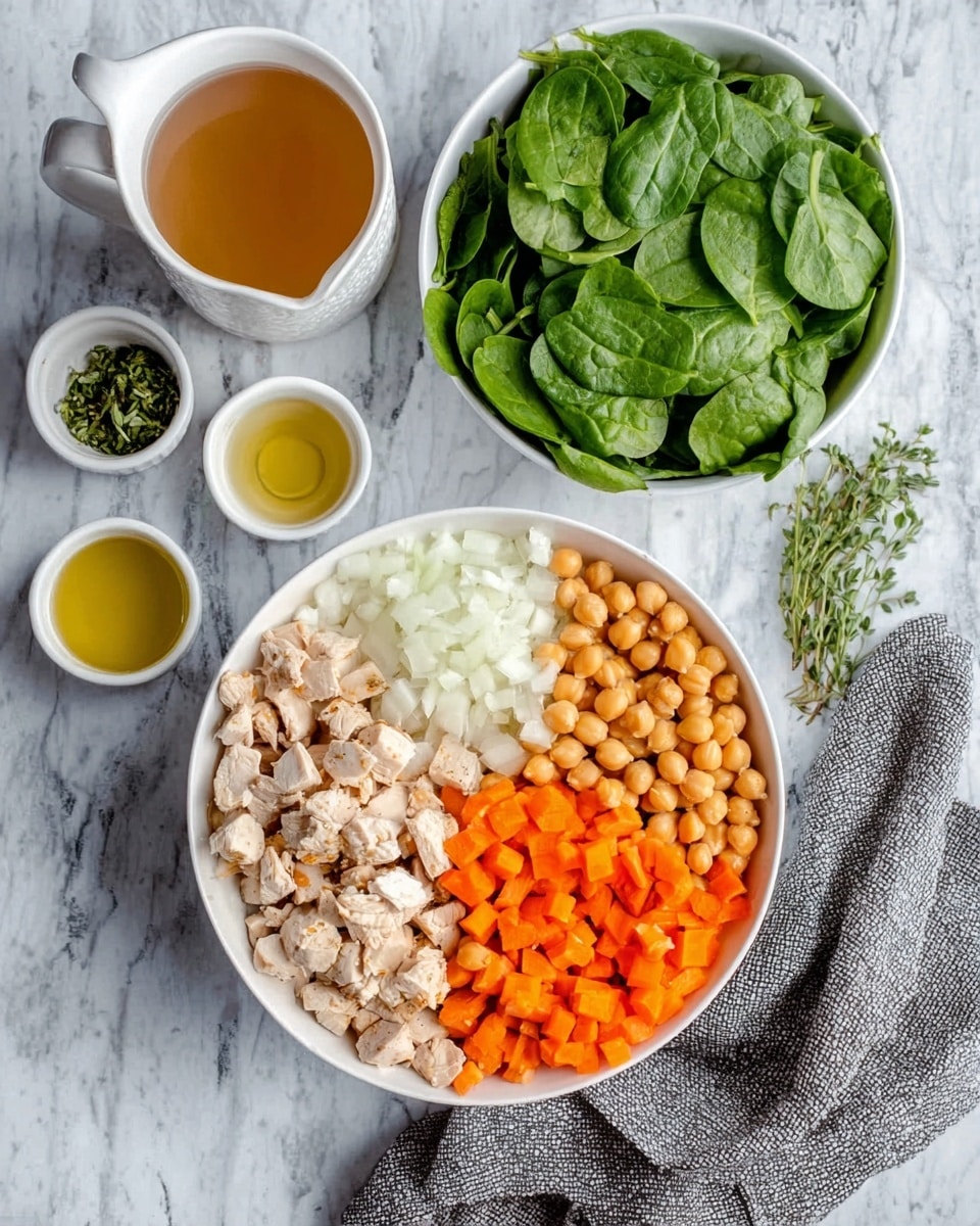 A white bowl is divided into four sections of ingredients: diced cooked chicken, chopped white onions, sliced orange carrots, and chickpeas all neatly placed next to each other. Around the bowl, on a white marbled surface, there are small white bowls containing clear liquid, olive oil, and fresh green herbs. A white bowl filled with fresh green spinach leaves sits next to the main bowl. A gray cloth napkin is beside the bowls, and a cup of light brown broth or stock is also present. photo taken with an iphone --ar 4:5 --v 7