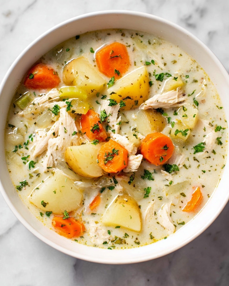 The image shows a deep white bowl filled with creamy chicken soup placed on a white marbled surface. The soup has two main layers: a light creamy broth base speckled with herbs, and chunky pieces floating on top. The floating pieces include bright orange carrot slices, small yellow potato halves with soft skins, pale green celery dices, and shredded white chicken meat strips. Fresh green parsley is sprinkled across the soup, adding tiny specks of color. The textures vary between the smooth broth and the firm vegetables and chicken pieces, giving a rich, hearty feel. photo taken with an iphone --ar 4:5 --v 7
