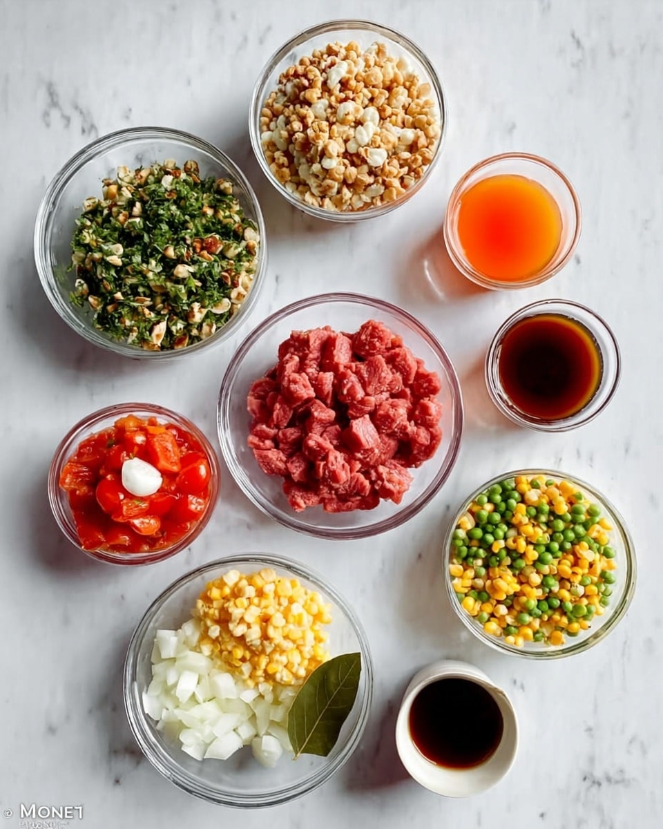 The image shows seven clear glass bowls and two glasses, all placed on a white marbled surface. The bowls contain different food items arranged neatly: the top left bowl holds a mix of chopped green herbs and nuts with a grainy texture, the middle left has a small amount of white grains, the center bowl holds raw diced red meat, the bottom left bowl contains chopped tomatoes with a small white mustard seed and a bay leaf nearby, the bottom center bowl has finely chopped onions, and the bottom right bowl holds a mixture of yellow corn and green peas. Two white glasses filled with different colored liquids, one orange and one dark brown, are placed above and to the right of the bowls. photo taken with an iphone --ar 4:5 --v 7