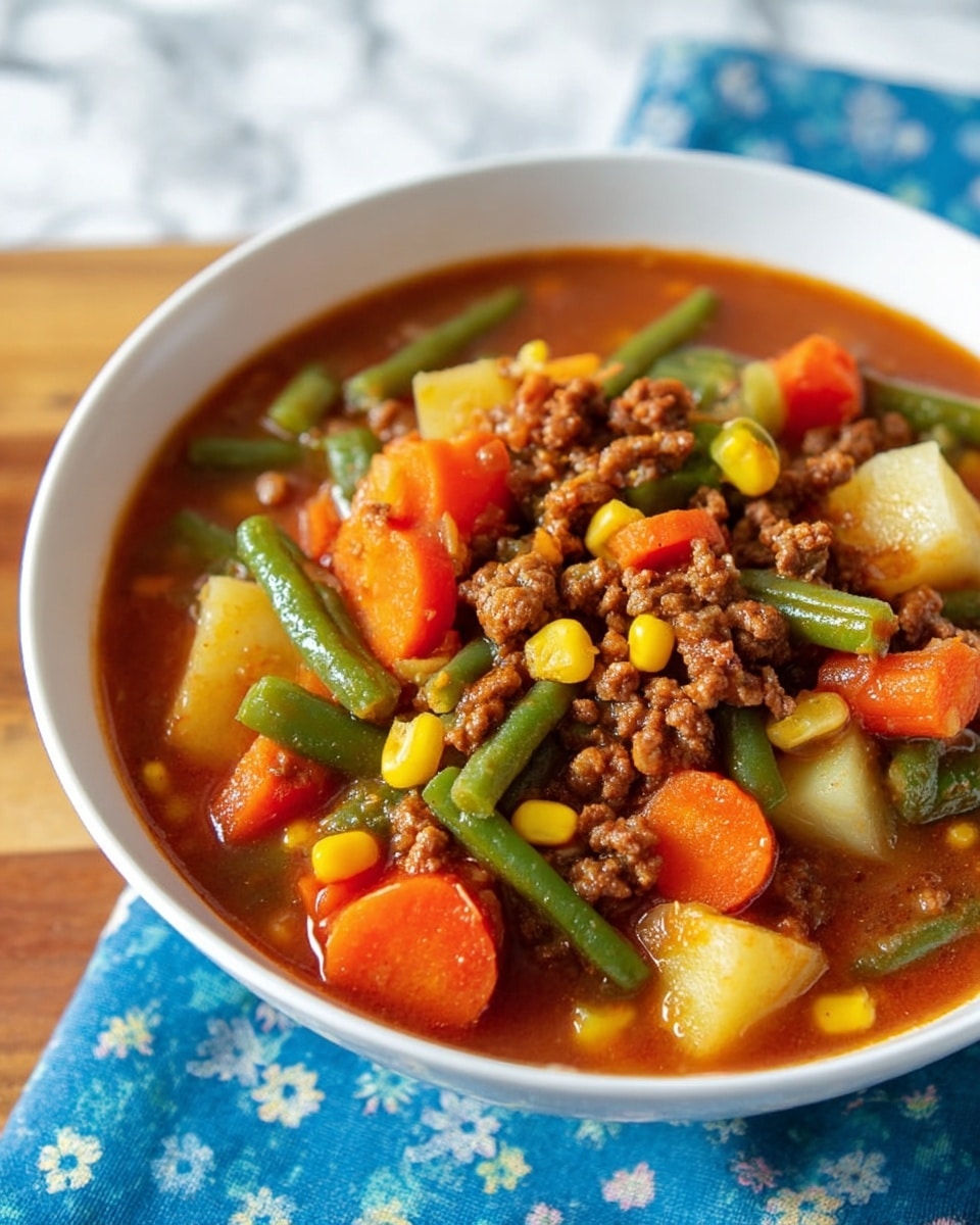 A white bowl filled with a thick stew featuring a rich brown broth as the base layer. Inside, there are chunky pieces of bright orange carrots, green beans cut into short sections, yellow corn kernels, and small cubes of white potatoes scattered throughout. Brown ground meat crumbles sit on top, mixed evenly with the vegetables. The bowl is placed on a blue cloth with a small flower pattern, against a white marbled surface background. photo taken with an iphone --ar 4:5 --v 7