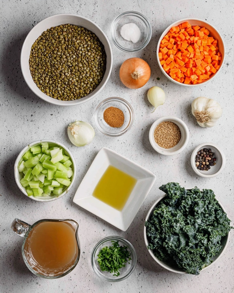 The image shows several white bowls with different ingredients arranged on a white marbled surface. There is one large bowl filled with green lentils at the top left, and a similarly sized bowl to the right filled with small orange carrot pieces. Below, a white square bowl holds chopped celery. In the middle are a small white bowl with olive oil, another small bowl with a brown spice, and a small glass bowl with coarse salt. There is a whole onion and two peeled garlic cloves near the center. A small white bowl contains chopped green herbs, and a small glass bowl has whole black peppercorns. At the bottom right, a large white bowl is filled with dark green leafy kale. Finally, a clear glass pitcher with a light brown broth sits on the bottom left. photo taken with an iphone --ar 4:5 --v 7