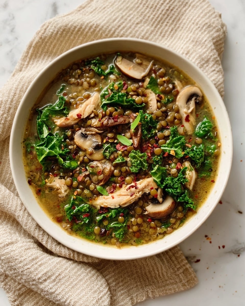 A white bowl filled with a thick soup or stew with many layers of ingredients visible. The bottom layer is a greenish-brown broth full of small lentils. On top, there are soft pieces of chicken in pale beige, mixed with some sliced mushrooms in light brown. Bright green kale leaves are scattered on the surface, adding a fresh color contrast. Small bits of chili flakes are sprinkled around, giving red accents. The bowl is placed on a beige cloth napkin with stripes, all set on a white marbled surface. Photo taken with an iphone --ar 4:5 --v 7