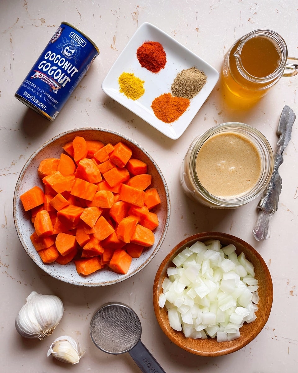 The image shows a collection of cooking ingredients arranged on a white marbled surface. In the center, there is a bowl filled with bright orange carrot pieces, each cut into thick chunks. Above the bowl, a small white dish holds five different spices in small piles, including a bright red, yellow, white, and two brown powders. To the right, a clear glass jug holds a light brown liquid. Below the jug, there is an open jar of white coconut oil with a metal lid resting nearby, and a metal measuring spoon with a beige paste inside resting on the jar. To the left of the central bowl, there is a wooden bowl filled with chopped white onions. Below the onions, three garlic cloves are placed on the surface. Above the onions and garlic, a jar of light golden honey with a black lid is tilted sideways. To the upper left of the carrots, a blue can of coconut milk stands upright. The whole scene is brightly lit with clean, simple colors, emphasizing the freshness of the ingredients. Photo taken with an iphone --ar 4:5 --v 7