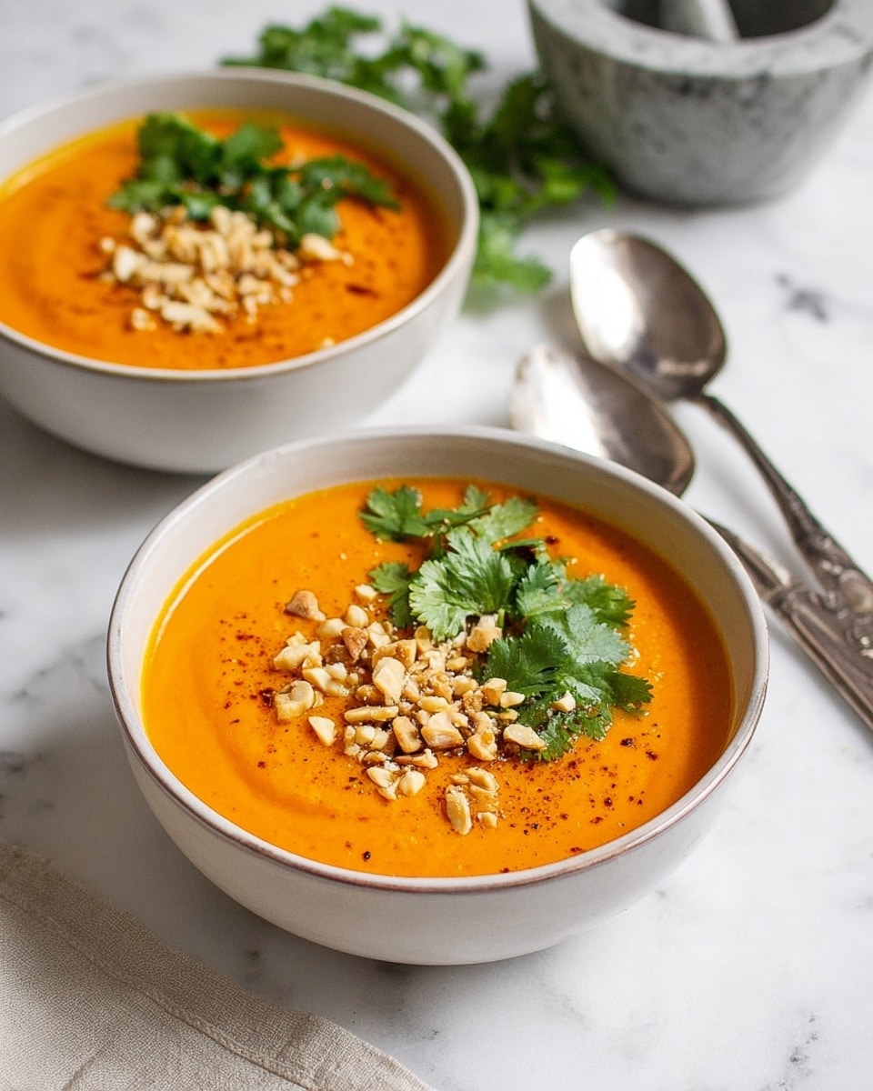 Two white bowls are filled with smooth, bright orange soup, each topped with roughly chopped nuts and fresh green cilantro leaves. The bowls sit on a white marbled surface that also holds a silver spoon and a marble mortar with pestle in the background. The soup has a creamy texture and a rich orange color, while the nuts add a crunchy contrast, and the cilantro brings a fresh green touch. photo taken with an iphone --ar 4:5 --v 7