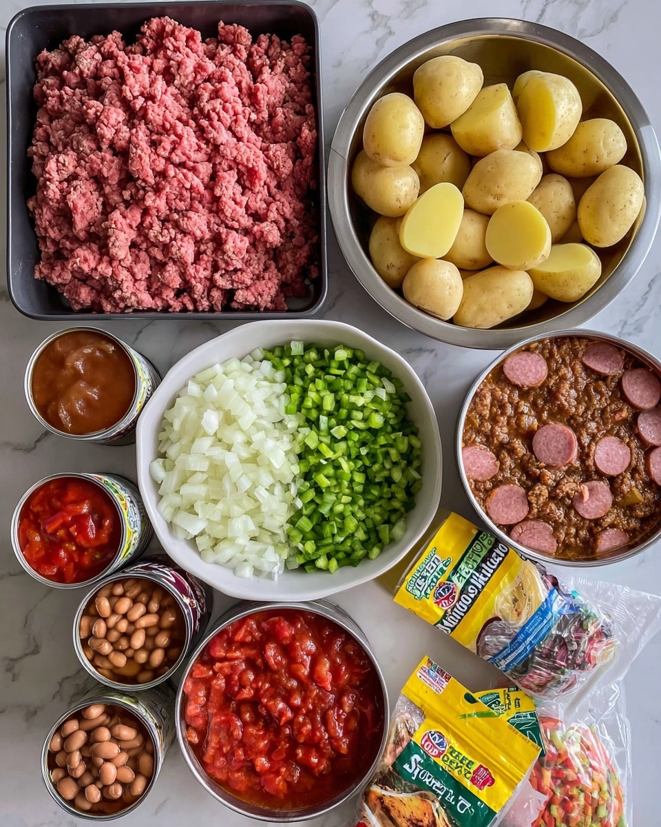 The image shows an overhead view of various raw ingredients neatly arranged on a white marbled surface. In the back, two metal bowls contain half yellow potatoes and sliced smoked sausage, each piece thick and reddish-brown. To the left, a black tray holds a large portion of pink ground beef. In the center, a white bowl is filled with finely chopped white onions and green bell peppers, divided evenly by color. Toward the foreground, four open cans reveal different contents: two have brown beans, and two hold red tomato chunks and sauce. On the right side of the frame, a white bag of mixed frozen vegetables with bright colors and a yellow taco seasoning packet complete the layout. photo taken with an iphone --ar 4:5 --v 7