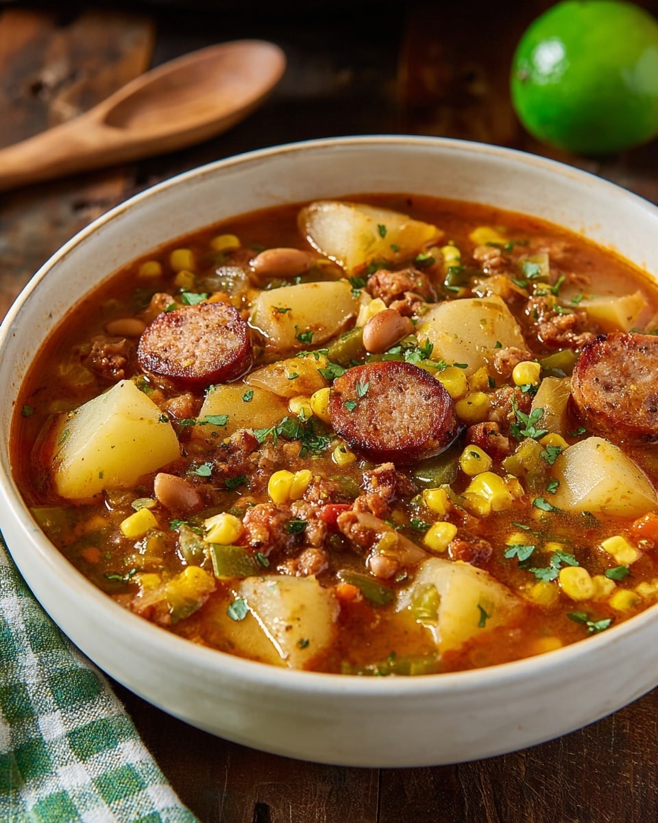 A white bowl filled with thick stew showing three visible layers: at the bottom, beige and light brown potato chunks with soft textures; in the middle, bright yellow corn kernels and small brown beans scattered throughout; on top, round slices of browned sausage with a crispy surface, mixed with tiny pieces of ground meat and chopped green herbs sprinkled evenly. The stew base is a reddish-brown broth that surrounds the ingredients and fills the bowl almost to the rim, all placed on a dark, worn wooden table with a green lime blurred in the background, and a wooden spoon and checkered cloth partially visible nearby. Photo taken with an iphone --ar 4:5 --v 7