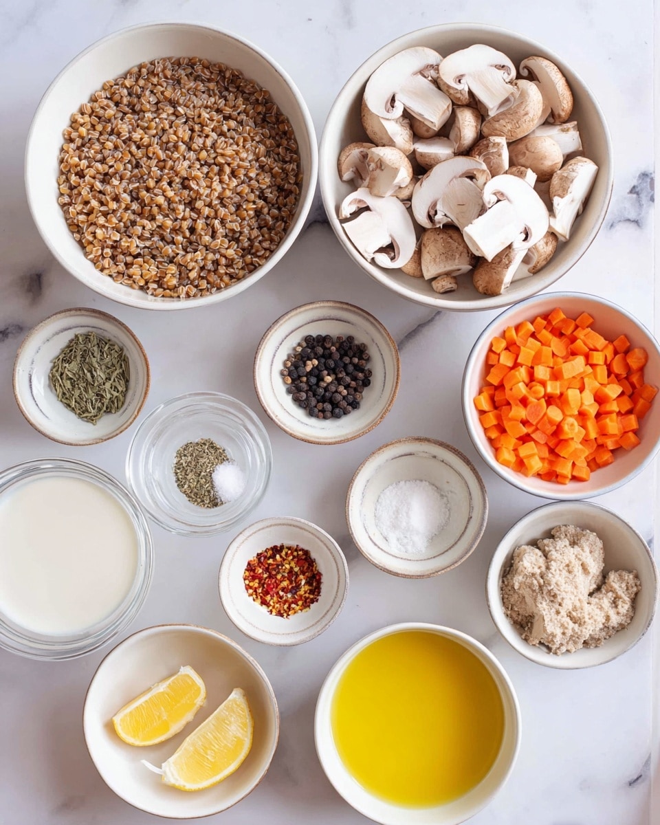 The image shows various ingredients placed in white bowls on a white marbled surface. There is a large bowl filled with cooked brown grains, another large bowl holding sliced light beige mushrooms on one side and bright orange chopped carrots on the other side. A medium bowl contains chopped garlic and shallots, while smaller bowls hold whole black peppercorns, red pepper flakes, dried herbs, white flour, yellow oil, white liquid (likely cream or milk), salt, two halves of a lemon, and a bowl with a bright yellow sauce or liquid. The bowls are neatly arranged, and each ingredient is clearly visible. Photo taken with an iphone --ar 4:5 --v 7