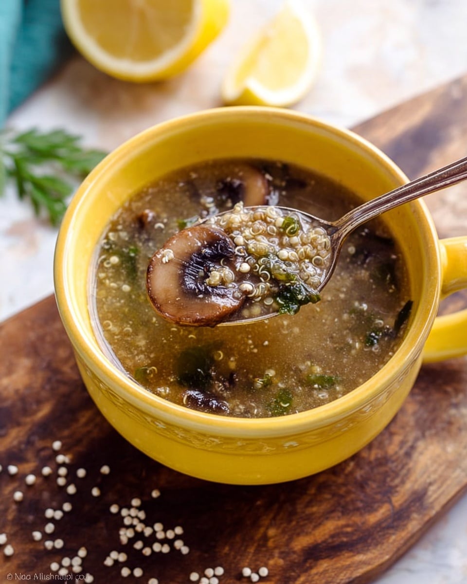 A yellow bowl filled with a thick soup showing clear broth with small round grains, likely quinoa, and slices of mushrooms. The spoon inside the bowl lifts a spoonful of soup, highlighting the texture of the grains and mushrooms in the broth. The bowl sits on a dark wooden board with white quinoa seeds scattered around. In the background, there is a lemon wedge and some green herbs on a white marbled surface. photo taken with an iphone --ar 4:5 --v 7