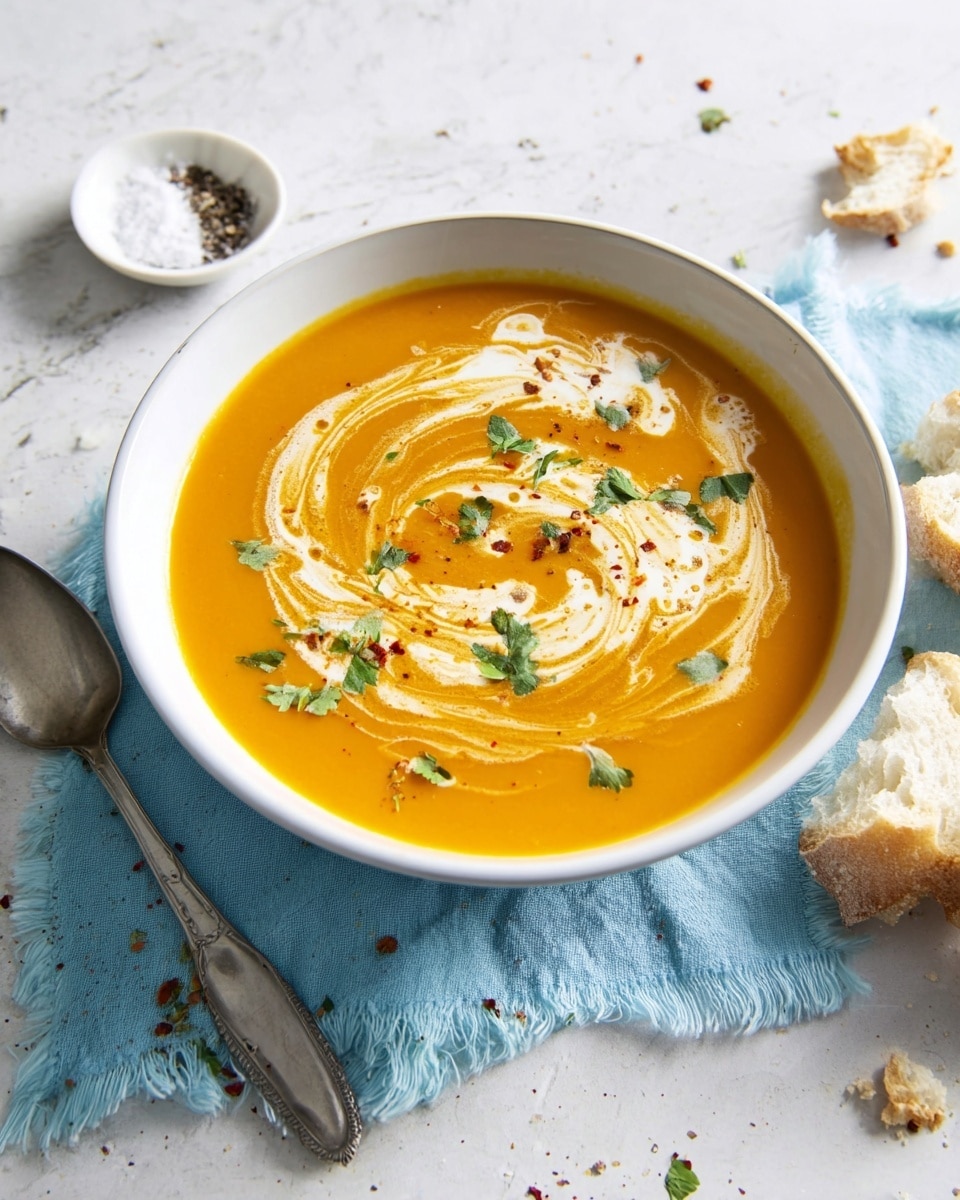A white bowl filled with smooth orange soup sits on a white marbled surface. The soup has a swirl of white cream mixed on top, creating a marbled effect. There are small green herb pieces sprinkled over the cream, along with a few spots of red spice. Around the bowl, there is a light blue cloth with torn edges and some torn pieces of bread on the right side. To the left of the bowl, there is a silver spoon and a small white dish holding salt and pepper. Photo taken with an iphone --ar 4:5 --v 7
